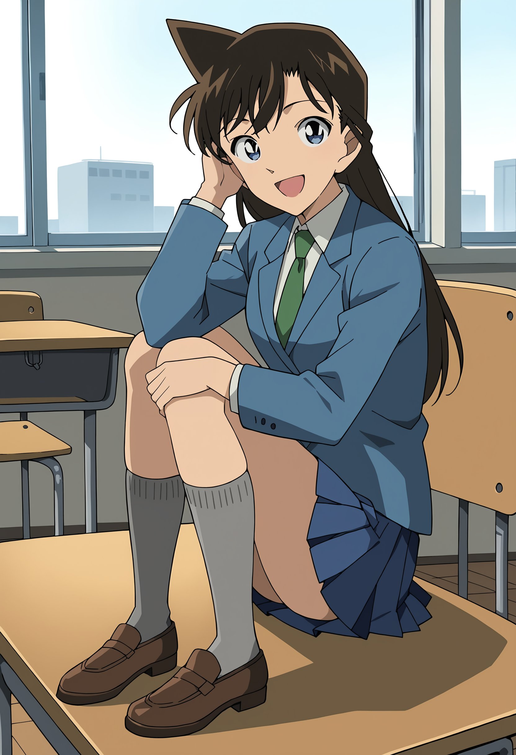 score_9, score_8_up, score_7_up, source_anime, safe for work,inside of a classroom, sitting,<lora:Ran_Mouri:.8>Long hair, brown hair, blue eyes, bangs, blue jacket, green necktie, white collared shirt, blue pleated skirt, gray socks, brown shoes,full body shot, happy girl, mouth open, smile, looking at the viewer,