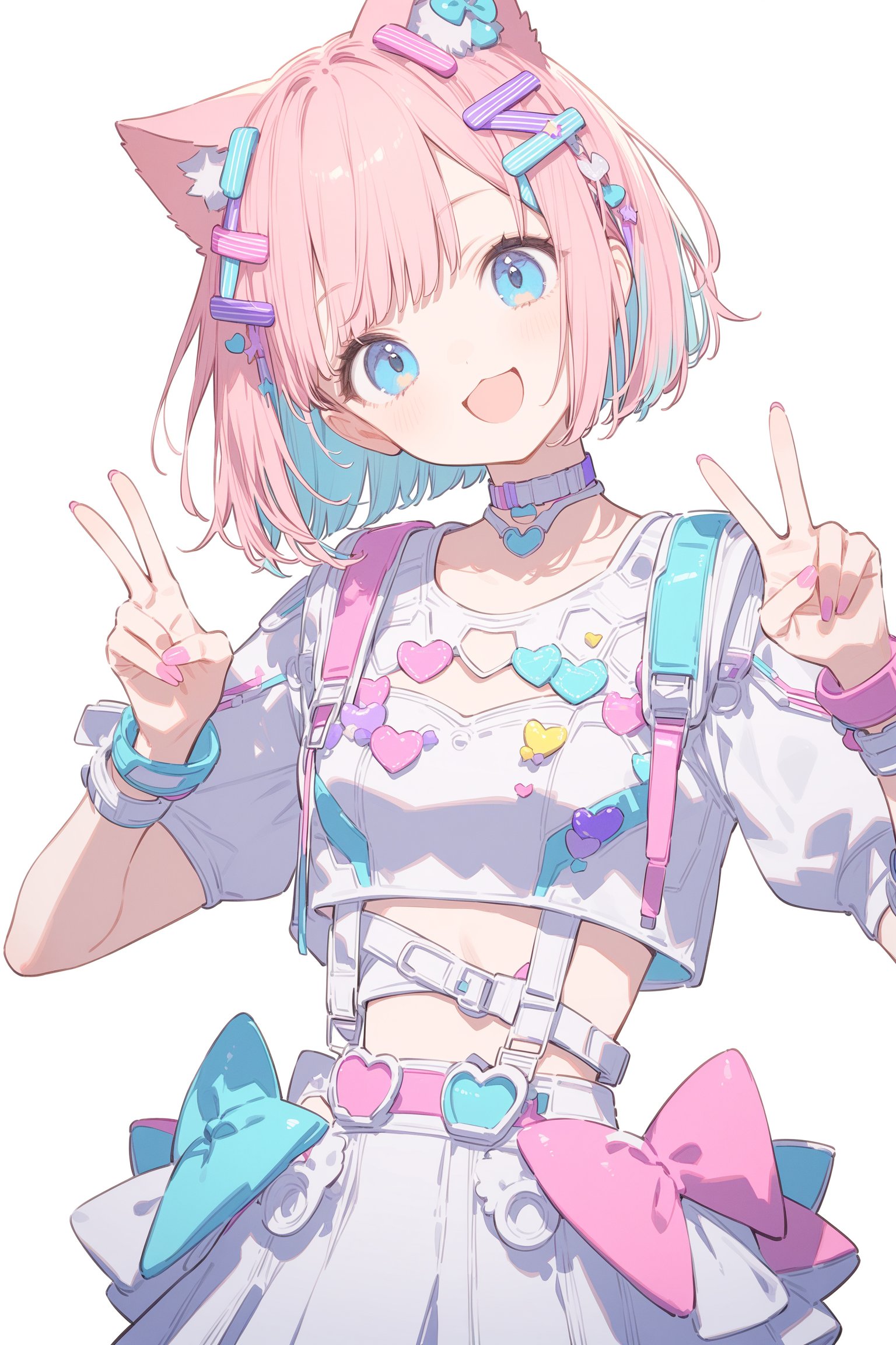 (watercolor:0.4),(pastelcolor:0.4), cute 1girl,blue eyes, pink bob cut,cat ears,  open mouth smile, head tilt, upper body, fashionable, futuristic outfit,decora futuristic fashion, (white background:1.2), cowboy shot, choker,v on head