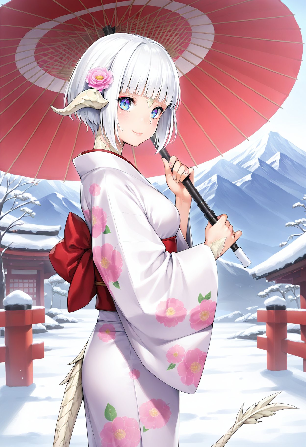 1girl, horns, solo, umbrella, flower, tail, scales, oil-paper umbrella, looking at viewer, au ra, hair flower, hair ornament, holding, holding umbrella, dragon tail, white hair, warrior of light \(ff14\), dragon horns, short hair, blue eyes, mountain, from side, smile, dragon girl, blunt bangs, floral print, long sleeves, closed mouth, white horns, wide sleeves, cowboy shot, pink flower, multicolored eyes, dress, snow, light smile, white tail, fingernails, tree, blush, standing, hand up, arm at side, looking to the side