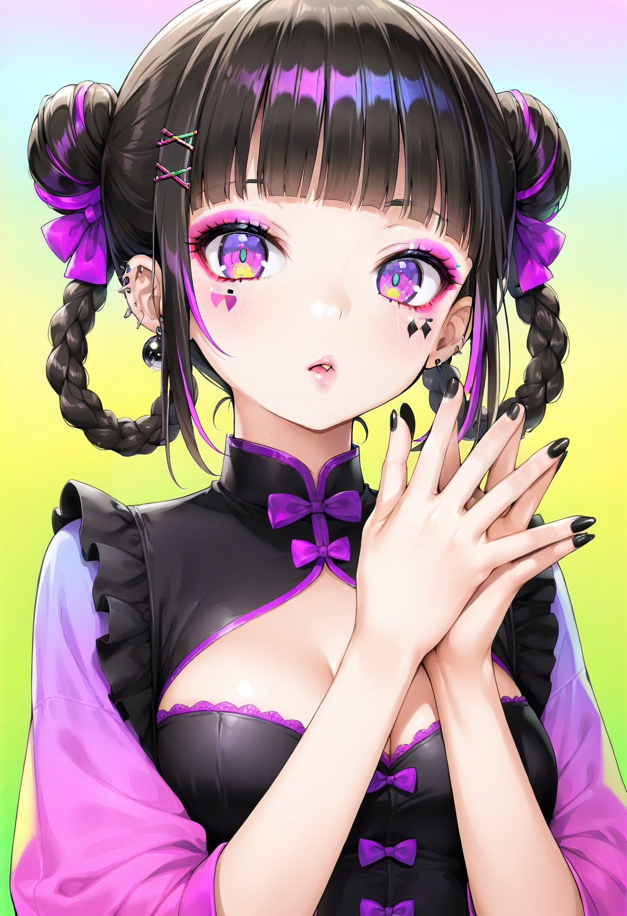 1girl, solo, earrings, black hair, jewelry, hair ornament, black nails, nail polish, looking at viewer, bow, double bun, gradient background, braid, hair bun, makeup, cleavage cutout, braided hair rings, blunt bangs, multicolored eyes, own hands together, eyeshadow, pink eyes, hair rings, clothing cutout, yellow background, twin braids, cleavage, hairclip, open mouth, ear piercing, upper body, piercing, breasts, facial mark, purple eyes, fingernails, purple bow, hands up, sidelocks, eyelashes, parted lips, multicolored hair, multicolored background