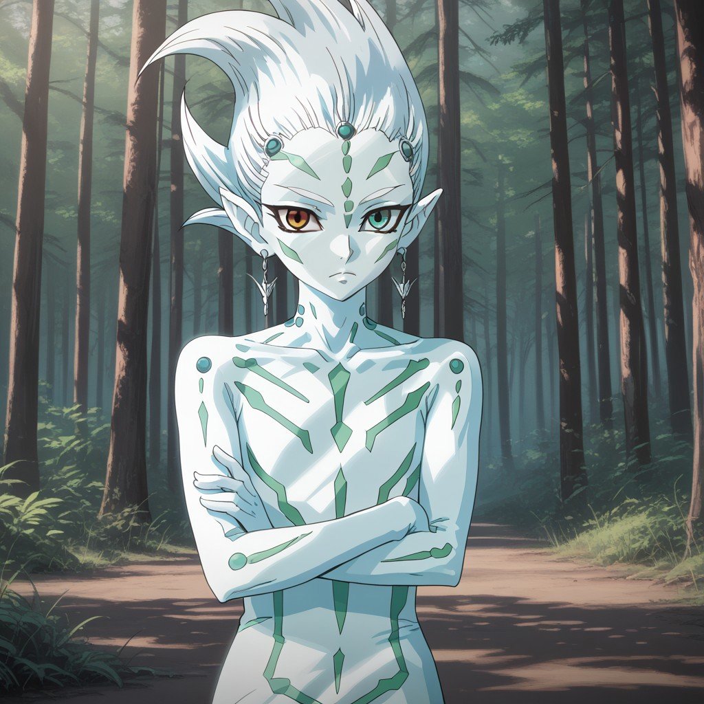 score_9, score_8, score_7, break, astral_yz, white hair, colored skin, heterochromia, earrings, pointy ears, crossed arms, looking at viewer, forest, trees, natural lighting