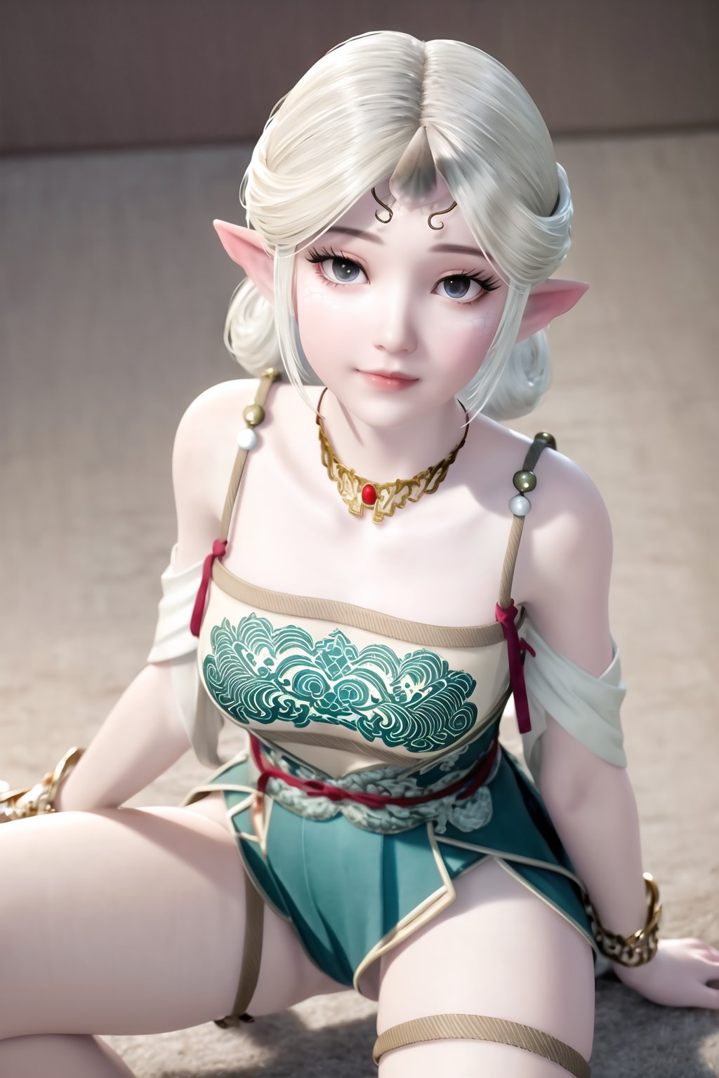 (8k, RAW photo, best quality, masterpiece:1.2),(realistic, photorealistic:1.3), ultra-detailed, extremely detailed cg 8k wallpaper,(crystalstexture skin:1.2), extremely delicate and beautiful, pointy_ears, 1girl, elf, solo, thigh_strap, jewelry, necklace, bare_shoulders, simple_background,(full shot), (breasts, medium breasts,  cleavage), looking_at_viewer, standing, spread legs,