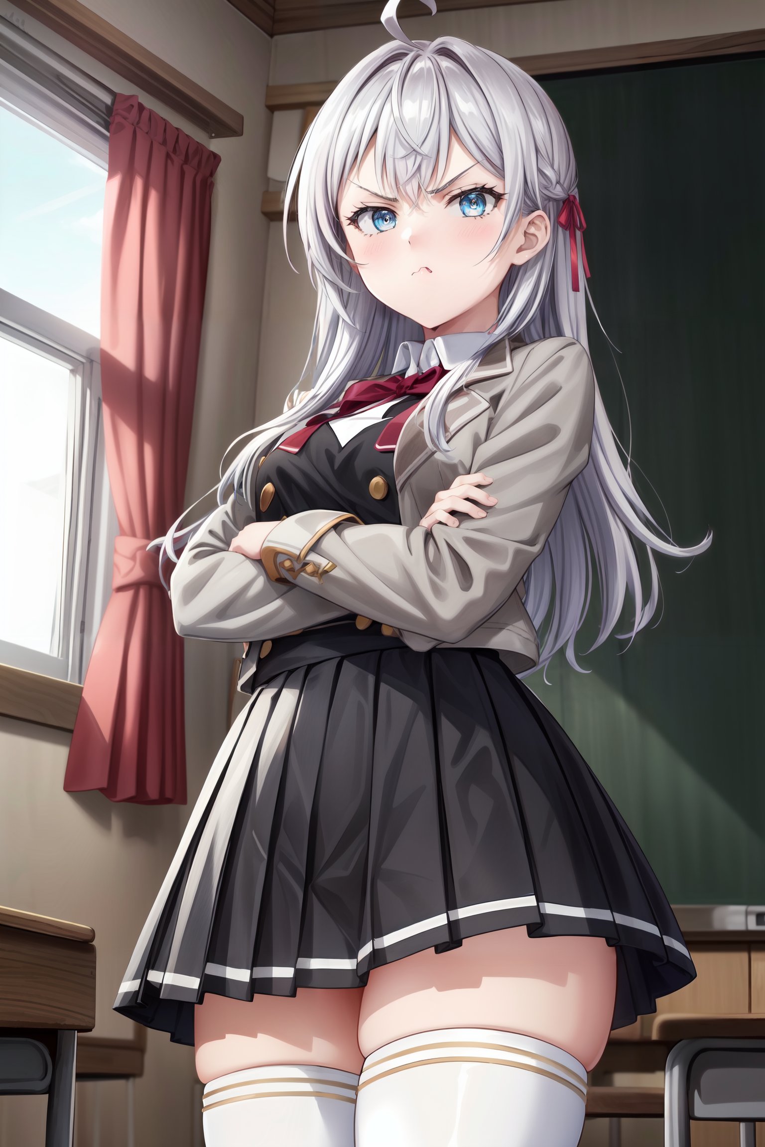 1girl, (((masterpiece, best quality))), (absurdres, absolutely resolution), (8k), (detailed beautiful face and eyes), (detailed illustration), (superfine illustration),   <lora:more_details:0.5>, <lora:alisa_mikhailovna-v2:0.7> alisa_wz, grey hair, long hair, ahoge, sidelocks, medium breasts,  blue eyes, red hair ribbon, school uniform, collared shirt, white shirt, red bowtie, black pinafore dress, pinafore dress,  grey jacket, long sleeves, black skirt, miniskirt, pleated skirt, crossed bangs, open jacket, white thighhighs, standing, cowboy shot, looking at viewer, angry, arms v-shaped eyebrows,crossed arms,  classroom, looking at viewer, from below, pout, 