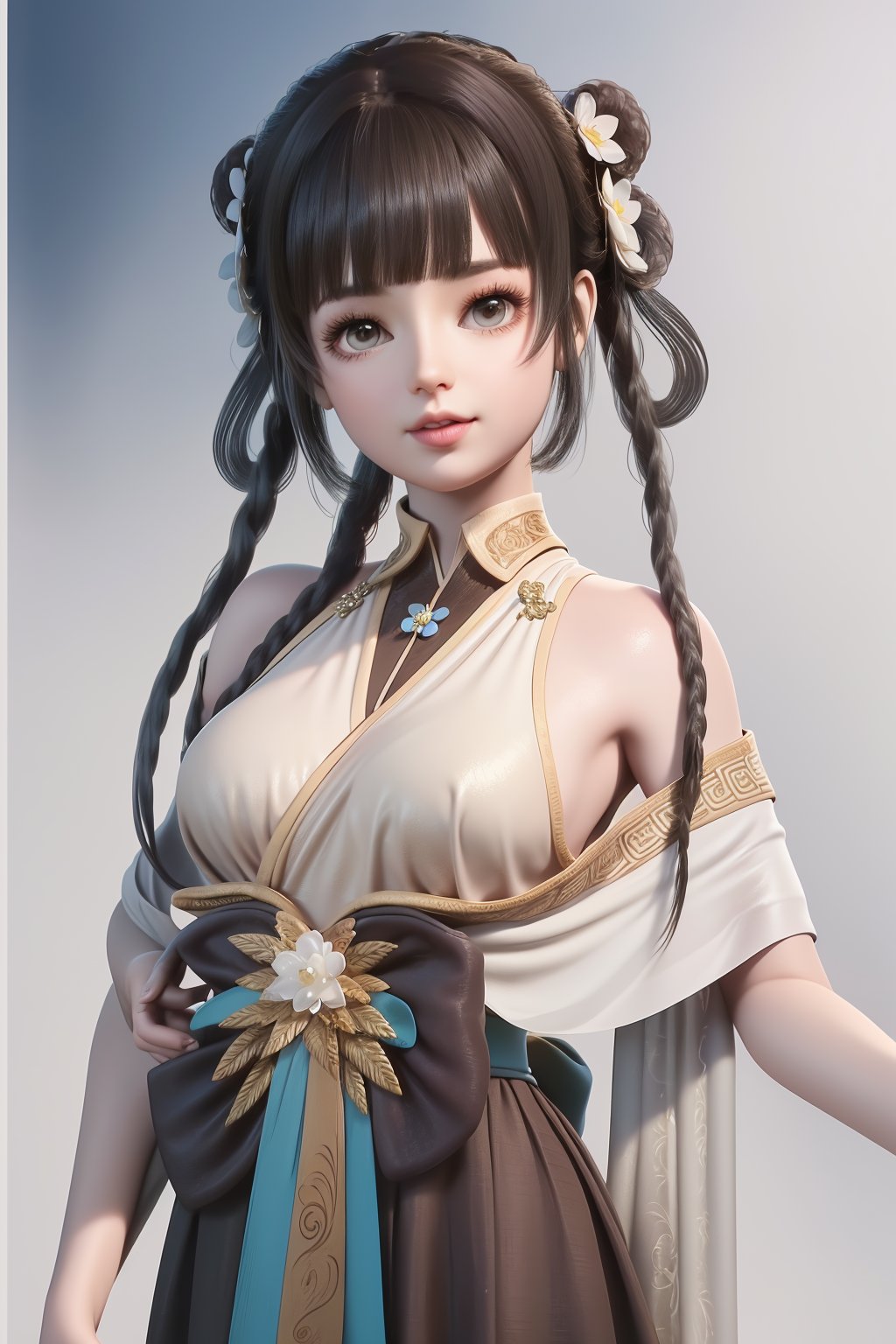 (8k, RAW photo, best quality, masterpiece:1.2),(realistic, photorealistic:1.3),ultra-detailed,extremely detailed cg 8k wallpaper,(crystalstexture skin:1.2),extremely delicate and beautiful,1girl artist name bangs bare shoulders black hair blunt bangs braid breasts brown eyes brown hair china dress chinese clothes closed mouth double bun dress eyelashes flower gradient gradient background grey background hair flower hair ornament hair rings jewelry lips long hair looking at viewer makeup sleeveless sleeveless dress smile solo standing twin braids,