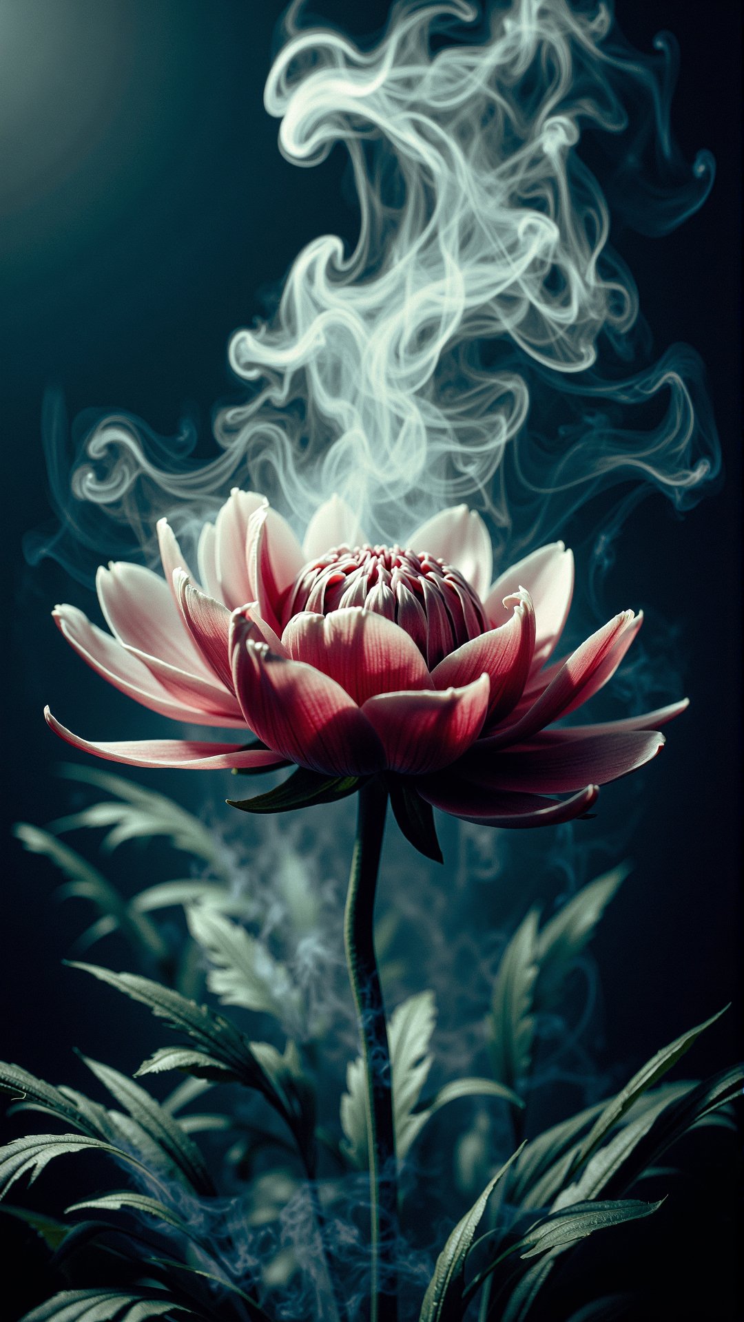 A stunning horror a professional (film grain:1.2) photography, realistic photo of a dark cursed atmospheric smoking AHaunted Peony, gas spirit rising up, high resolution photography, ultra resolution, 4k, 8k, 16k, HDR, DOF, studio photography, professionalism<lora:AHauntedFlux:0.75>photography,eye-level shot,centered subject,portrait orientation,(8k,RAW photo,best quality,masterpiece:1.2),depth of field,laser lighting,(solo focus,one frame),(front view:1.2),shot on Sigma fp with Sigma 45mm f-2.8 DG DN 