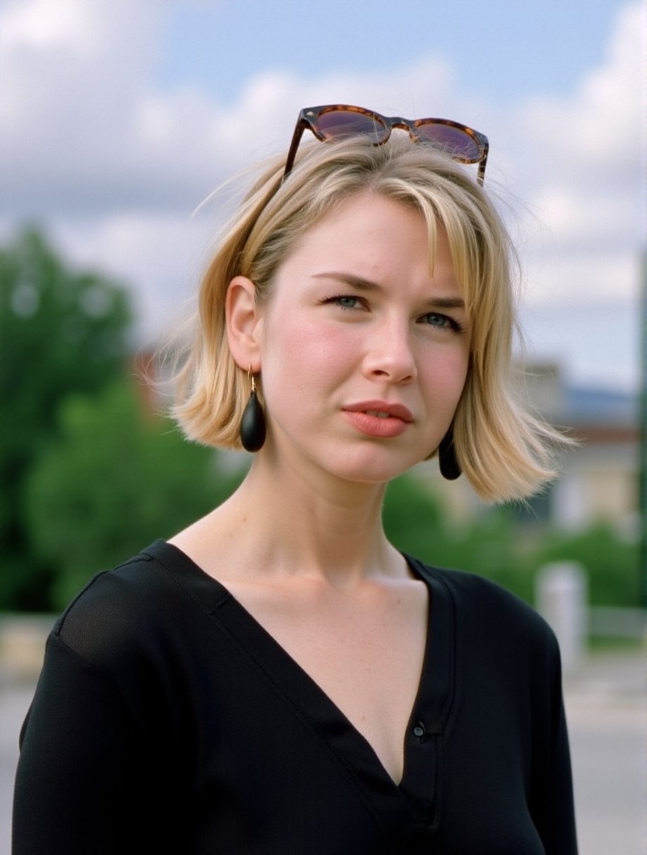 The image is a high-resolution photograph of a young woman with light skin and short, platinum blonde hair, styled in a simple, sleek bob. She has striking blue eyes and a calm, neutral expression. Her lips are slightly parted, and she wears a subtle, natural makeup look with a hint of pink lipstick. She is dressed in a black, loose-fitting top with a V-neckline, which adds a casual yet stylish touch to her appearance. She accessorizes with large, black, dangling earrings that catch the light, adding a touch of elegance. Perched on her head, a pair of sunglasses rests, suggesting she is ready for a sunny day. The background is slightly blurred, but it appears to be an outdoor urban setting with a mix of greenery and architectural structures. The sky is a bright blue with scattered white clouds, indicating a clear day. The overall mood of the photograph is serene and modern, capturing a moment of relaxed confidence. The image is crisp and detailed, highlighting the textures of her hair and clothing, as well as the subtle shadows and highlights on her face.,Renee_Zellweger,<lora:Renee_Zellweger_Flux_V1:1>