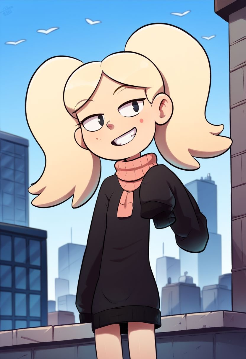 marra, fair skin, blonde hair, twintails, black eyes, 1girl, solo, petite body, flat chest, long sweater, long sleeves, outdoor, city, smiling, score_9, score_8_up, score_7_up,