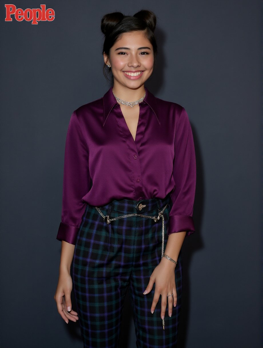 This is a high-resolution photograph featuring a young woman of likely Latin American descent, standing against a plain dark gray backdrop. She has a medium skin tone, dark hair styled in two high buns with some loose strands framing her face, and she wears a warm, inviting smile. Her outfit consists of a deep purple, silky blouse with a slightly loose fit, paired with high-waisted, pleated trousers in a dark green and purple plaid pattern. The trousers are cinched at the waist with a black belt featuring a prominent silver zipper. She accessorizes with a silver choker necklace and a silver bracelet on her left wrist. The photograph captures her in a confident, relaxed pose, with her right hand resting on her hip and her left arm hanging naturally by her side. The image is professionally styled with a focus on fashion and personal style, evident from the high-quality lighting and the logo "People" in red and white text at the top left corner. The overall composition and styling suggest a fashion editorial or promotional shoot.,Xochitl Gomez,<lora:Xochitl_Gomez:1>