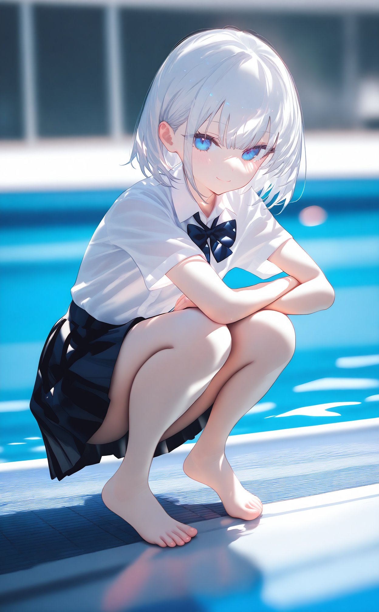 masterpiece,best quality,high quality,loli,1girl, solo, looking at viewer, smile, short hair, bangs, blue eyes, skirt, shirt, closed mouth, school uniform, full body, white shirt, white hair, short sleeves, pleated skirt, barefoot, collared shirt, bowtie, black skirt, medium hair, water, blurry, feet, toes, depth of field, blurry background, squatting, pool, poolside