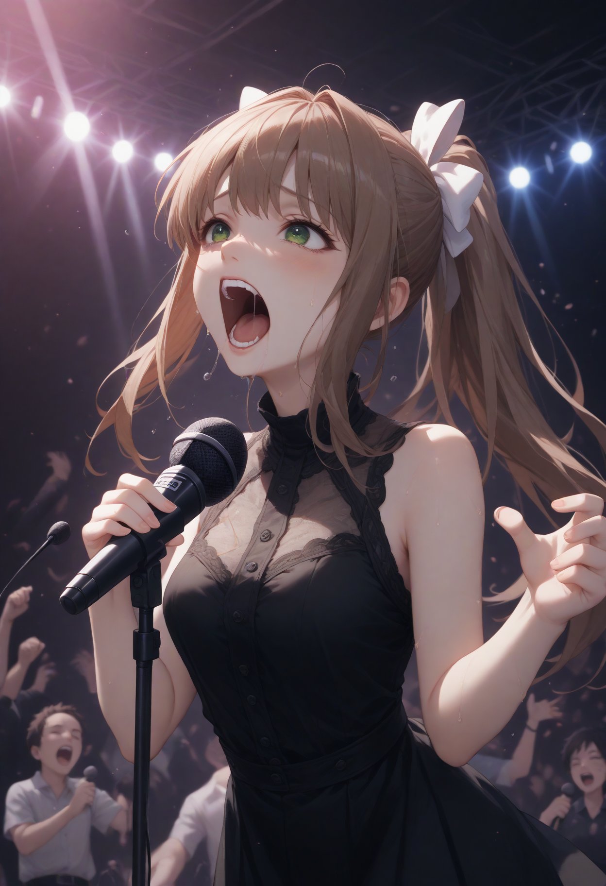 score_9,score_8_up,score_7_up,Monika from Doki Doki Literature singing "Love?" by Strapping Young Lad,screaming the lyrics with sheer passion into a microphone,superbly detailed,emotional,extreme metal,