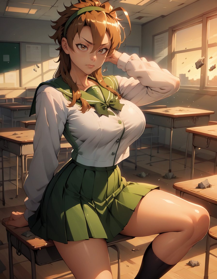 score_9, score_8_up, score_7_up,     1girl, solo,large breasts,YuukiDG, hairband, brown hair, brown eyes, school uniform, pleated skirt, black socks, classroom, indoors, night, debris, <lora:Yuuki DG PXL v01-000002:1>