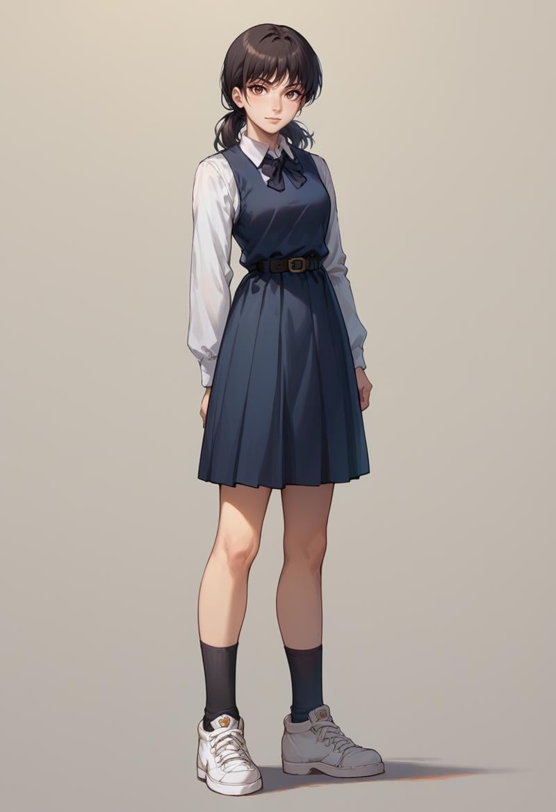 score_9, score_9_up, score_8_up, Expressiveh, raw, gorgeous, pixiv, highres, highly detailed, looking back at viewer, <lora:Yoruv4:1>, Asa_mitaka, brown eyes, black hair, black ribbon, black pinafore dress, black socks, white sneakers, black belt, full-body