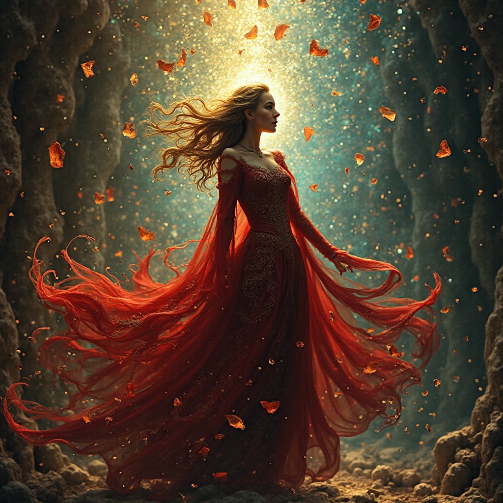 Swirling between the hues of Aes Sedai and the grit of the Malekene, capture a dynamic scene featuring a woman donning intricately embroidered, crimson-and-gold Wisdom-embroidered Aes Sedai attire, surrounded by wispy, shawl-like tendrils, amidst a backdrop of kaleidoscopic, shattered-prism patterns and ancient, worn tapestries, with an oppressive, heavy light reminiscent of the Wheel's ominous presence, blending Op art's geometric vibrancy with Prismglassshatter's fractured, crystalline reflections.