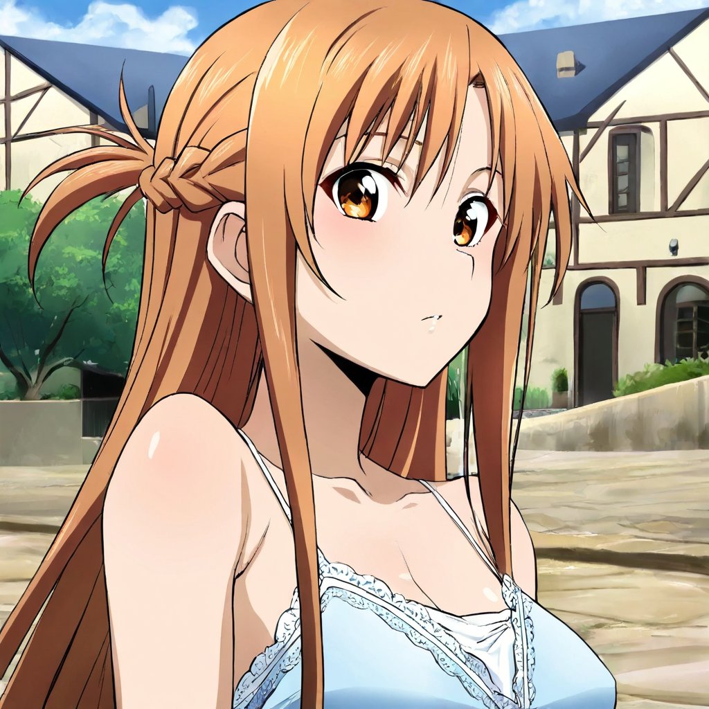 masterpiece,best quality, source_anime, yuuki asuna, braid, 1girl, long hair, solo, brown hair, brown eyes, camisole, looking at viewer, very long hair, outdoors, masterpiece, best quality, town, close-up,<lora:yuuki asuna illust 1002:0.8>