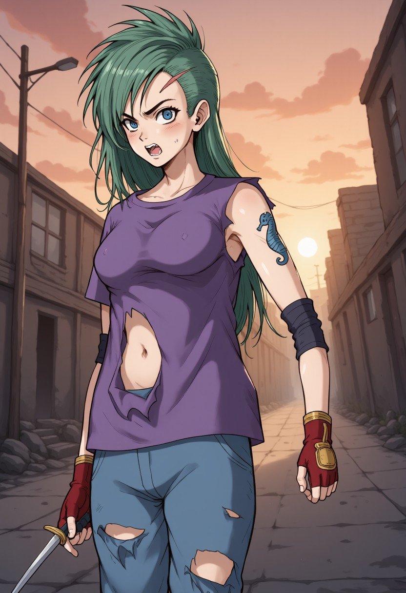 Xkimerax,1 young slim woman, stands on a deserted street, facing the setting sun that casts an intense orange glow over the city ruins around her. Her turquoise-green hair flows freely in the breeze, catching the light, while her expression is one of unshakable determination. She’s wearing a torn, weathered purple shirt, with one sleeve missing, revealing a blue seahorse tattoo on her arm, and her jeans are ripped and dusty from the journey,broken t-shirt in stomach,seriously faceThe cracked asphalt beneath her is strewn with debris and shattered glass that glints in the fading light. Shadows stretch long behind her, and the fiery sky gives the scene a surreal, almost apocalyptic beauty. Kimera’s stance is confident, with her katana drawn and held low, ready for whatever lies ahead.