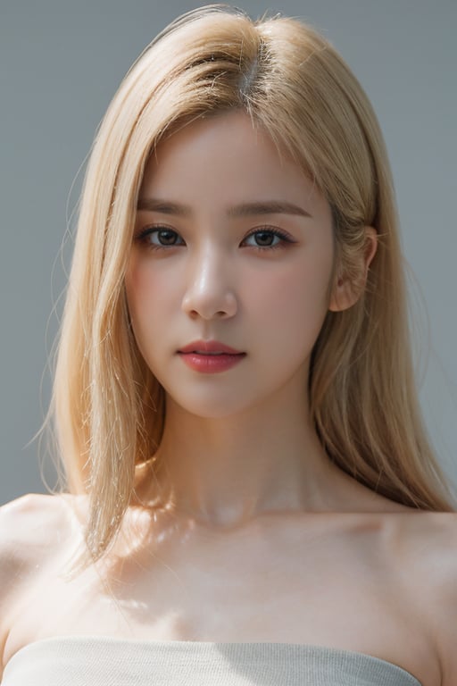 masterpiece, best quality, ultra-detailed, ultra high res, (photorealistic:1.4), raw photo, (realistic:0.2), 8k HDR, realistic cool temperature lighting, (asian:0.2), 1girl, solo, asymmetrical platinum blonde hair, outdoor, day, (simple gray background:1.2), bokeh, (detailed lips), (detailed pores), (detailed skin textures), (detailed face:1.2), pale white skin, (full body:1.2), a woman in a strapless tube dress, cardigans, promotional image, a character portrait,