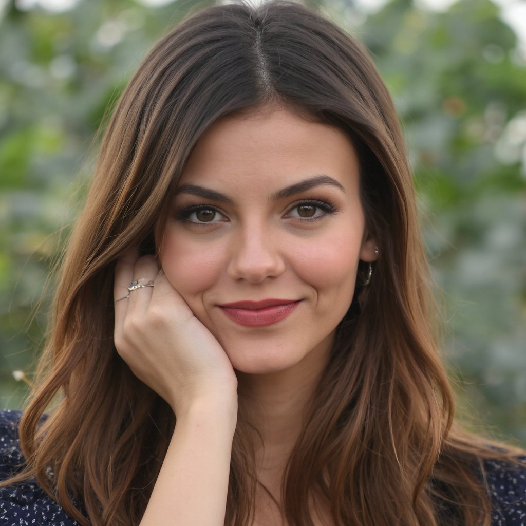 A close-up portrait of victoria_justice outdoors. She has fair skin,  blue eyes,  and auburn hair. Her lips are painted a...