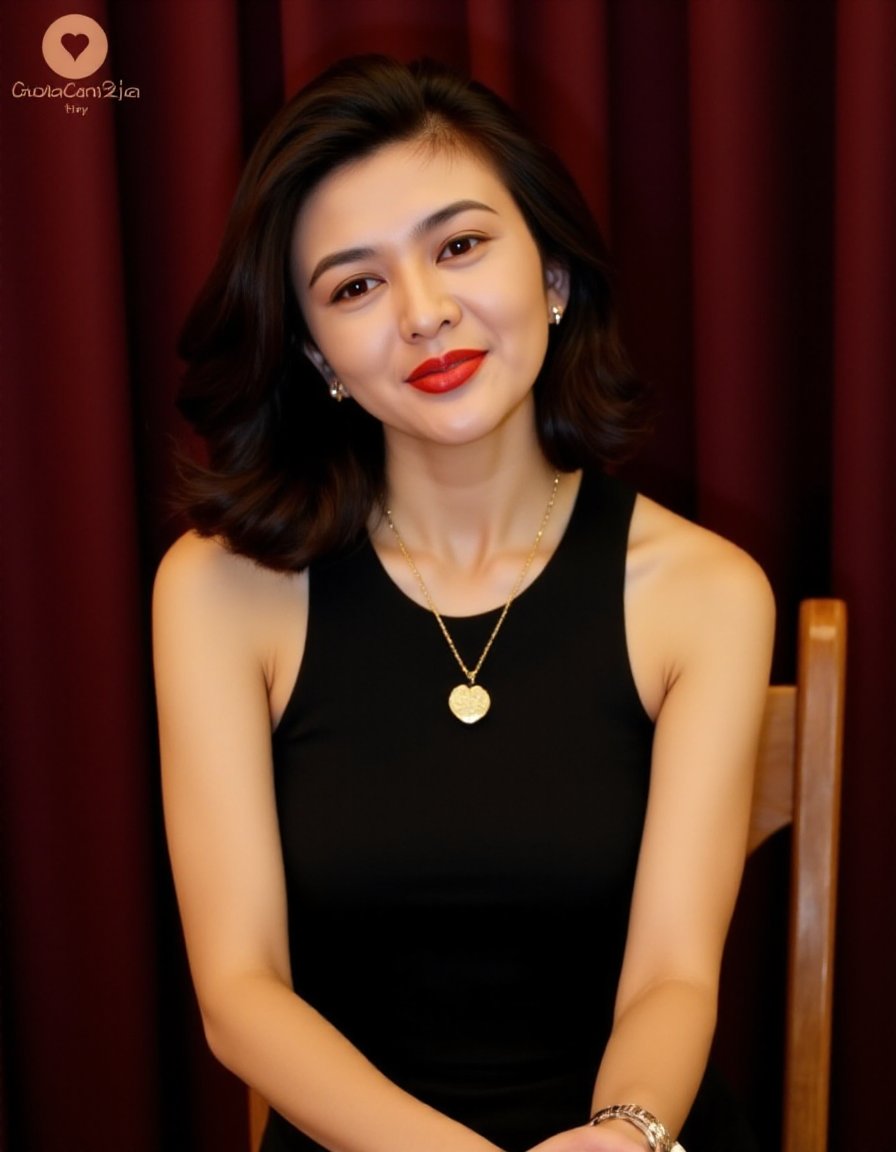 The image is a photograph of a young woman with a warm, friendly expression. Her mouth is tightly closed. She has a medium complexion and dark brown, wavy hair that falls just past her shoulders.She is wearing a sleeveless, black dress that fits her body snugly, accentuating her figure. Her makeup is minimal, with a focus on her bright red lipstick, which contrasts beautifully with her natural skin tone. She wears small, round earrings that add a touch of elegance to her appearance. Around her neck, she has a delicate, gold necklace with a small, heart-shaped pendant.In the background, there are vertical, dark red curtains, giving the setting a sophisticated and intimate feel, likely indicating that she is in a studio or a small, well-lit room. The woman is seated on a wooden chair, and her posture is relaxed, with her hands resting on her lap. The lighting is soft and warm, highlighting her features and creating a cozy atmosphere. The image also features Russian text in the upper left corner, suggesting that it may be part of a video or a program in Russian.,GuanZhiLin, <lora:GuanZhiLin_Flux_V1-000001:1>