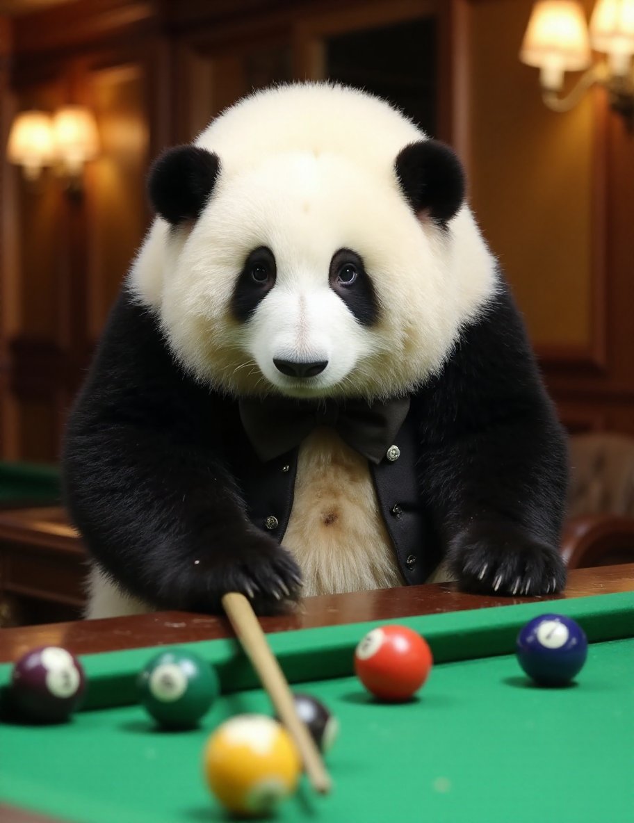 This high-resolution photograph captures a charming panda named Huahua, depicted with her distinctive black and white fur, at a billiards table. Huahua stands on her hind legs, gripping a cue stick with her paws, ready to take a shot. She's wearing a small, stylish vest and bow tie, adding a touch of sophistication to her adorable appearance.Huahua's round, chubby body is covered in thick, soft fur, with black patches around her ears, eyes, and legs. Her expression is one of intense concentration and seriousness, with her brows slightly furrowed and her eyes focused on the billiard balls. The scene is full of anticipation as Huahua lines up her shot.The background consists of a cozy billiards room with warm lighting and wooden paneling, enhancing the relaxed, yet focused atmosphere. The billiards table is detailed with a green felt surface, and the balls are arranged in a classic formation, ready for Huahua to make her move. The lighting in the photograph is soft and even, highlighting the details of Huahua's fur, the cue stick, and the billiard balls.The overall composition of the image focuses on Huahua, making her the primary subject and capturing the unique and whimsical nature of this scene, blending her cute appearance with the serious and competitive spirit of playing billiards.,huahua, <lora:huahua_panda_Flux_V1-000002:1>