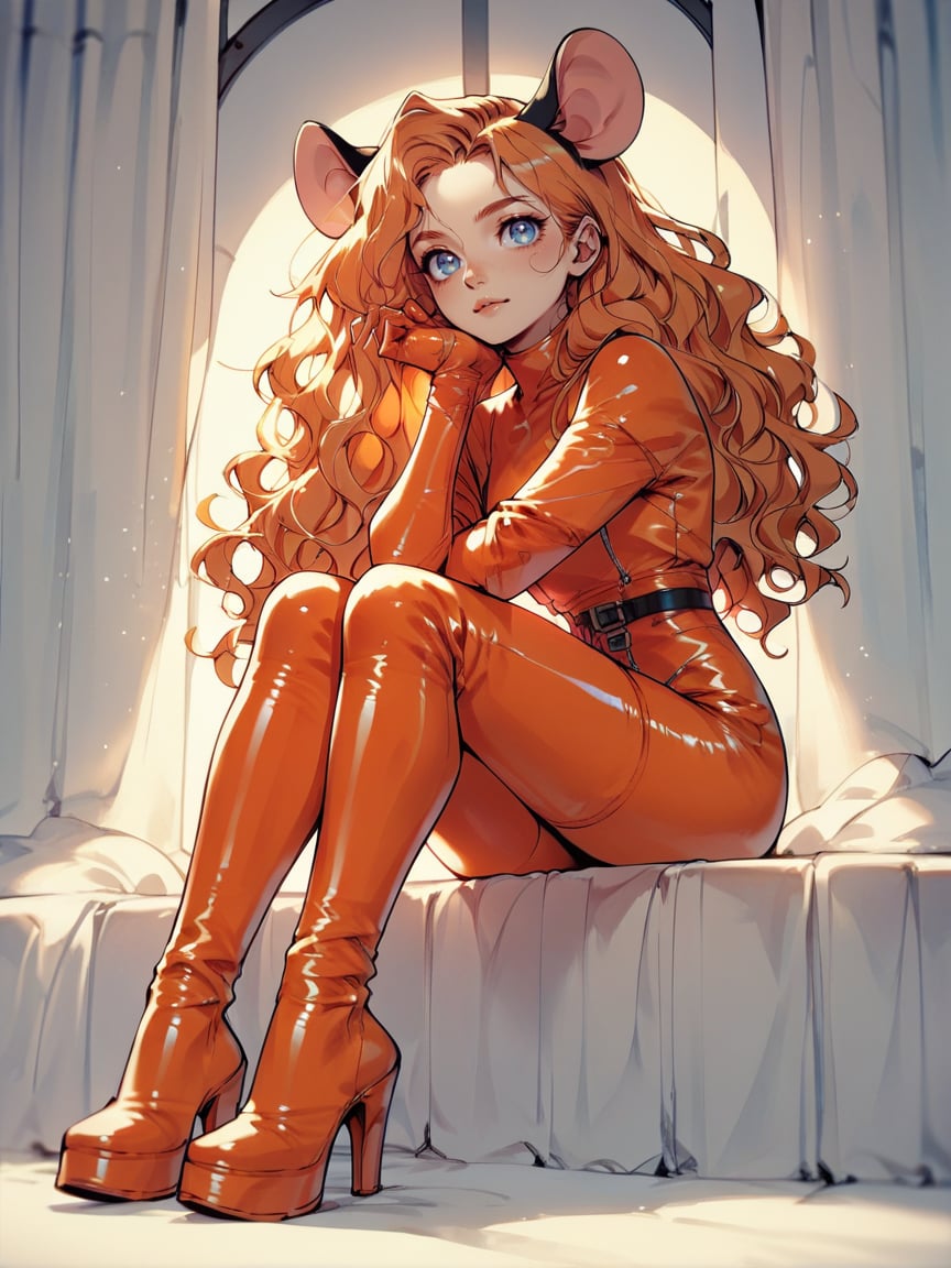 score_9, score_8_up, score_7_up, score_6_up, score_5_up,  <lora:NfXLP:1> nf, 1girl, blue eyes, ginger hair, latex, mouse ears, sitting, high heel boots, wavy hair