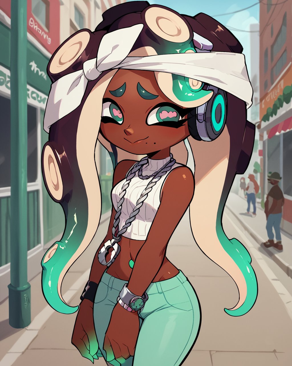 score_9, score_8_up, score_7_up, 1girl, Marina, dark skin, tentacle hair, pink pupils, cephalapod eyes, wide hips, headphones, low pants, watch, bracelet, bandana, crop top, white top, sleeveless, jeans, necklace, chain necklace, zPDXL3, dynamic angle, outdoors, urban, <lora:Marina_PDXL:1> 