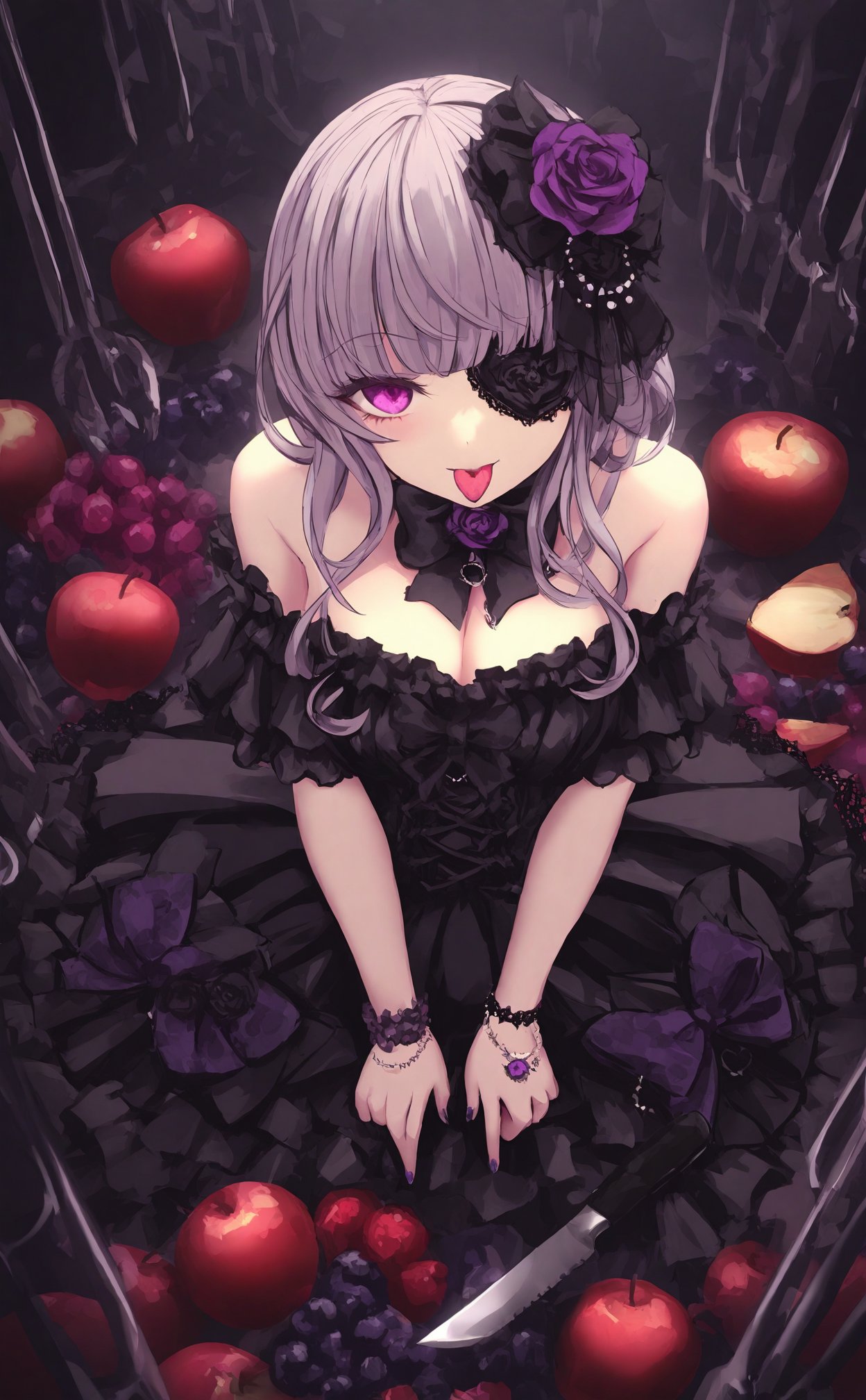 masterpiece,best quality,high quality,(colorful),loli,artist missile228, 1girl, flower, fruit, solo, dress, food, rose, fork, black dress, purple nails, long hair, tongue, tongue out, hair ornament, hair flower, looking at viewer, purple flower, gothic lolita, purple rose, knife, lolita fashion, apple, bracelet, sitting, breasts, nail polish, bare shoulders, planted, jewelry, grapes, eyepatch, grey hair, from above, wariza, black footwear, bow, off shoulder, pink eyes, hair bow, lace trim, purple eyes, off-shoulder dress, black flower, frills, cleavage, black bow