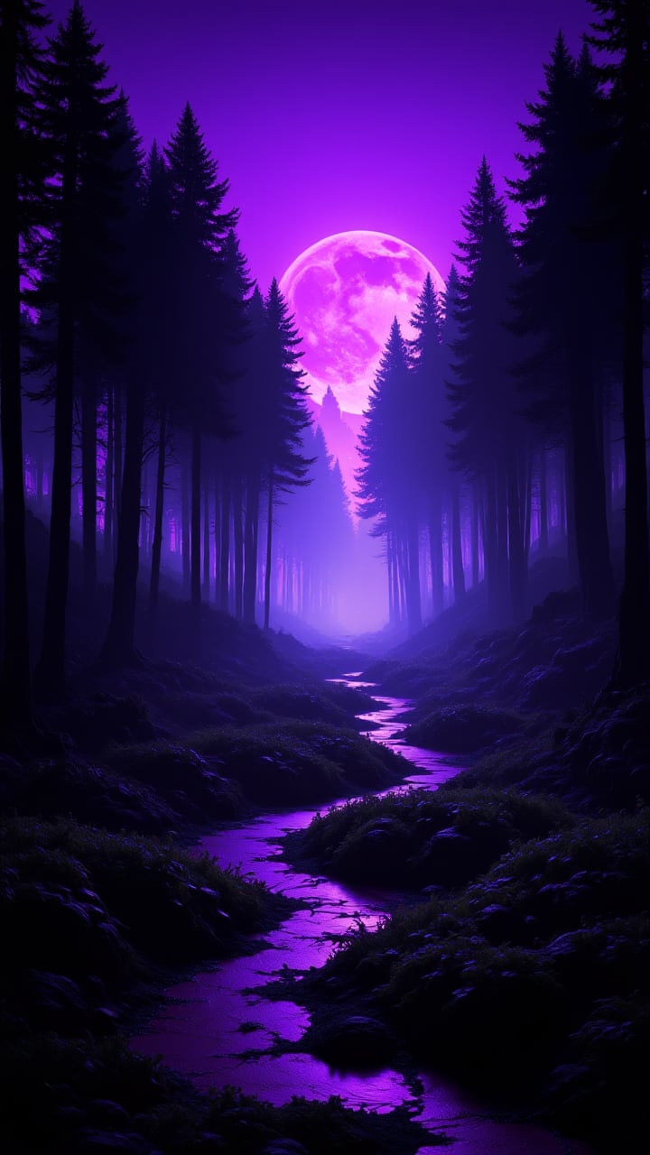 In the midst of a vast, dark forest, shadoweil fields of the darkest trees sway gently in the breeze. The sky is a deep shade of purple, aidmasoftglow