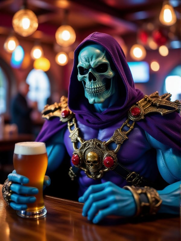 Skeletor, Skull face and blue skin is holding a beer in a pub <lora:Skeletor:0.9>