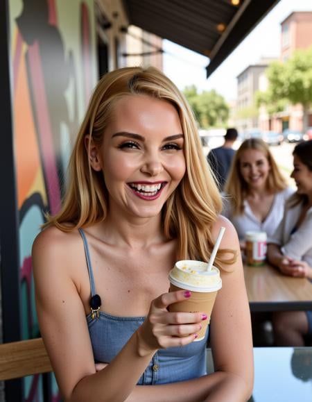 A young woman, <lora:aly_flux:1>, A teen girl with braces, sitting at an outdoor café table with a group of friends, laughing, holding a milkshake or coffee, with fun street art or busy city life in the background. 