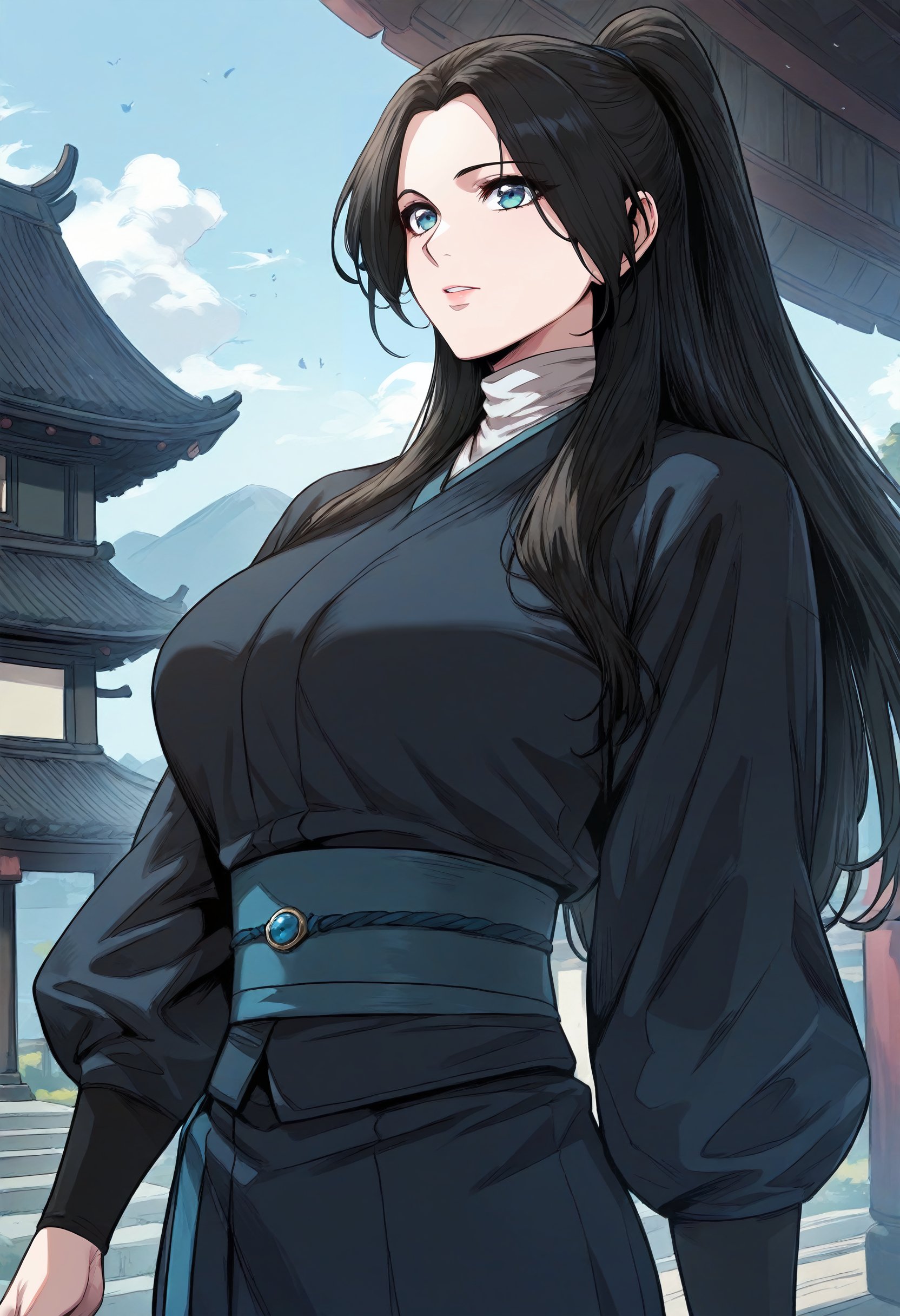 score_9, score_8_up, score_7_up, score_6_up, source_anime, rating_explicit, 1girl, solo, huge breasts, <lora:Mun Ku prefectPonyxl:0.9> black hair, long hair, blue eyes, parted bangs, black hair, long hair, blue eyes, parted bangs, high ponytail, white turtleneck, dark blue kimono, black sleeves, long sleeves, blue sash, belt, dark blue skirt, black pants, outdoors, looking at viewer, east asian architecture