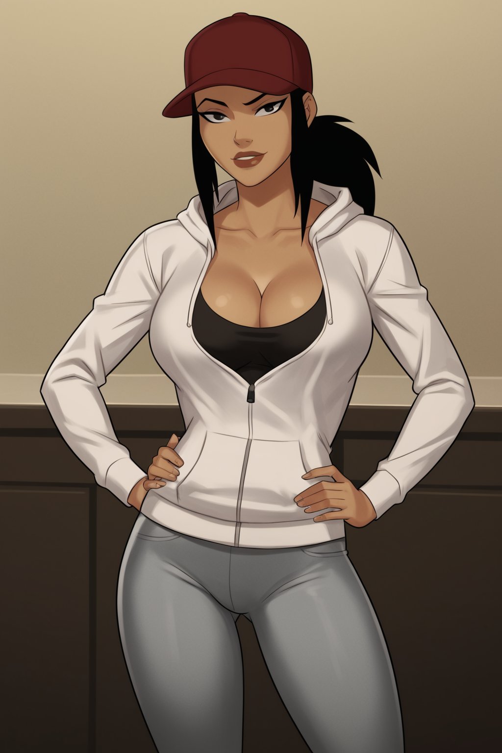 PonyXLV6_Scores BREAK (perfect anatomy, perfect eyes, cowboy shot) BREAK <lora:Cheshire:0.8> jade nguyen, long hair, black hair, ponytail, dark-skinned female, black eyes, makeup, lipstick, flirting, raised eyebrow, ((looking at viewer)), baseball cap, shirt, cleavage, hoodie, pants, large breasts, curvy, toned, athletic, sexually suggestive, standing, hands on hip, indoors