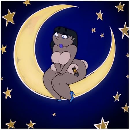 covering crotch, 1boy, crescent moon, moon, parody, Cigar, giantess, ass, black hair, knees together feet apart, bottle, high heels, blue eyes, night, lips, giant, starry sky, lipstick