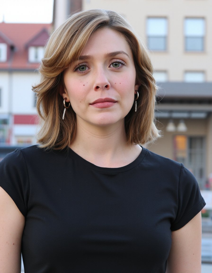 The image is a high-resolution photograph of a person with fair skin and a light complexion. The subject has shoulder-length, straight brown hair that is slightly tousled, framing their face. They are looking directly at the camera with a neutral expression. Their face is adorned with a light dusting of freckles across the cheeks and nose. They are wearing a simple, black, short-sleeved top. Hanging from their earlobe is a pair of long, silver, oval-shaped earrings that dangle slightly, adding a touch of elegance to their appearance.In the background, the setting appears to be an urban area, possibly a city square or plaza. The backdrop features several buildings with light-colored facades, including one with a reddish-brown roof, and another with a more muted beige color. The buildings have large windows, and there is a hint of a metal fence or railing in the distance, suggesting an open public space. The lighting in the image is natural, indicating it was taken during the day, possibly in the late afternoon or early evening, as the shadows are soft but noticeable. The overall atmosphere is calm and serene, with the subject standing out prominently against the slightly blurred background.,Elizabeth Olsen, <lora:Elizabeth Olsen_Flux_V1:0.88>