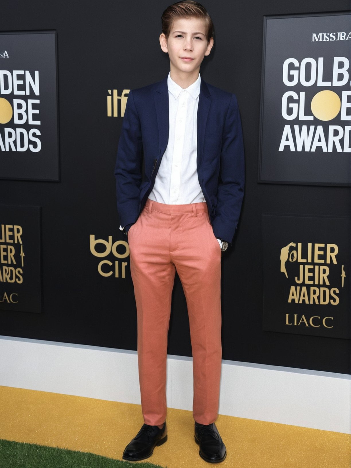 score_9, score_8_up, score_7_up, solo, photo \(medium\), <lora:JT(jac1tre):1> (jac1tre), standing on the red carpet at the golden globe awards, slicked back hair, one hand in his pocket, dressy casual, red carpet, watch on his wrist, looking at the camera, young teen boy, full body shot, (surreal:0.4), hyper detailed photorealistic life-like accurate proportional 8k sharp focus, empty hands, (accurate cinematic lighting), photorealistic detail, (selective focus:0.6), skin imperfections, skin pores, photorealistic detail