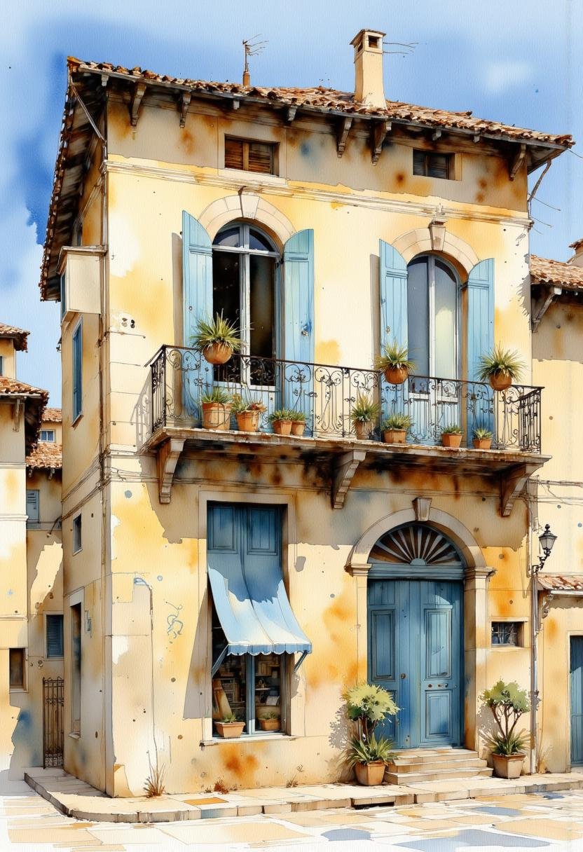 A watercolor painting of an old two-story building with a balcony. . The building is painted in a light yellow color with...