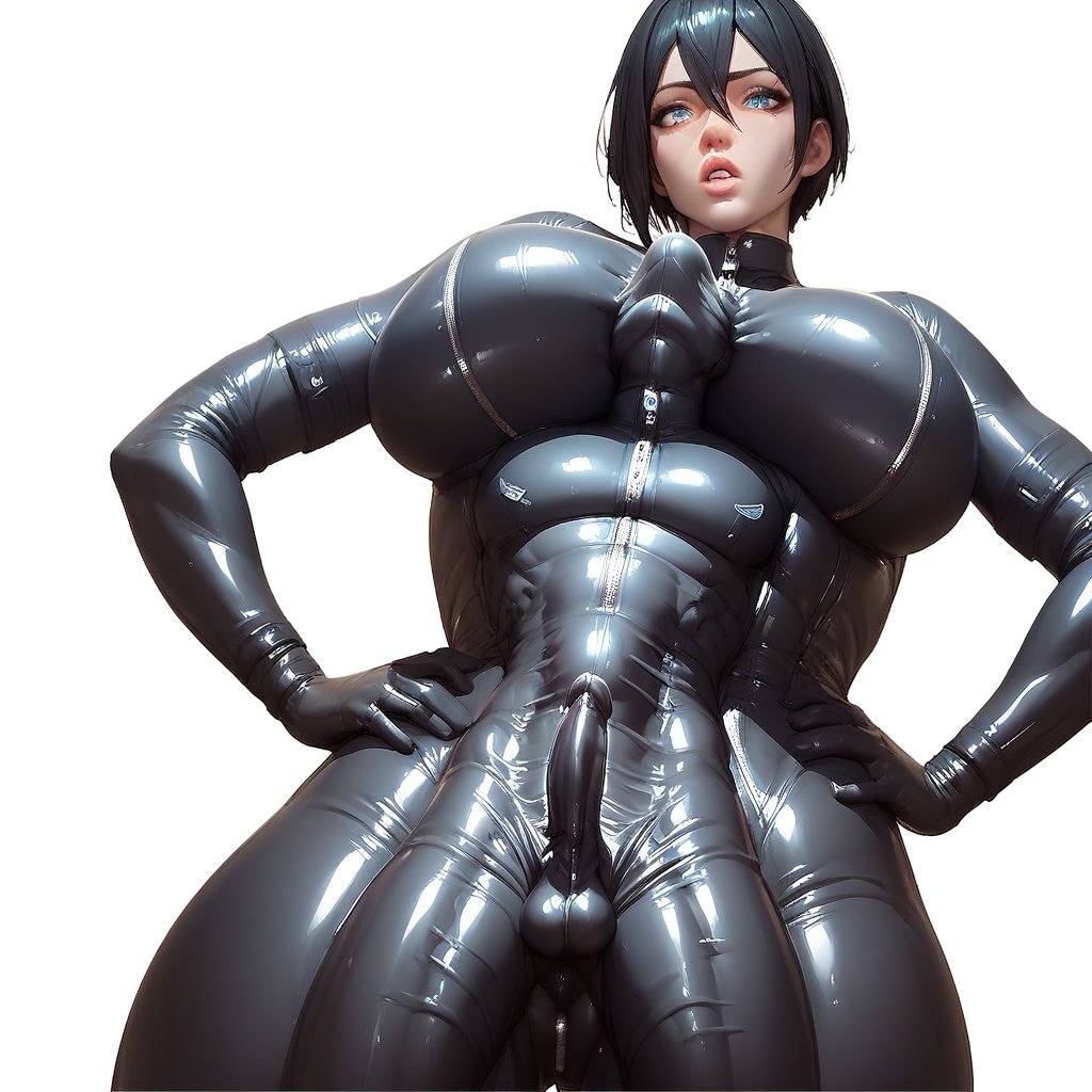 score_up_9, score_up_8, score_up_7, Under Another's Clothes, Shared Clothes, 1girl, Larger female, 1boy, clothed female nude male, hetero, head under clothes, large breasts, black hair, short hair, hair between eyes, blue eyes, parted lips, black bodysuit, skin tight, latex bodysuit, zipper, shiny clothes, testicles, penis, erection, white background, simple background, standing, cowboy shot, hands on own hips,