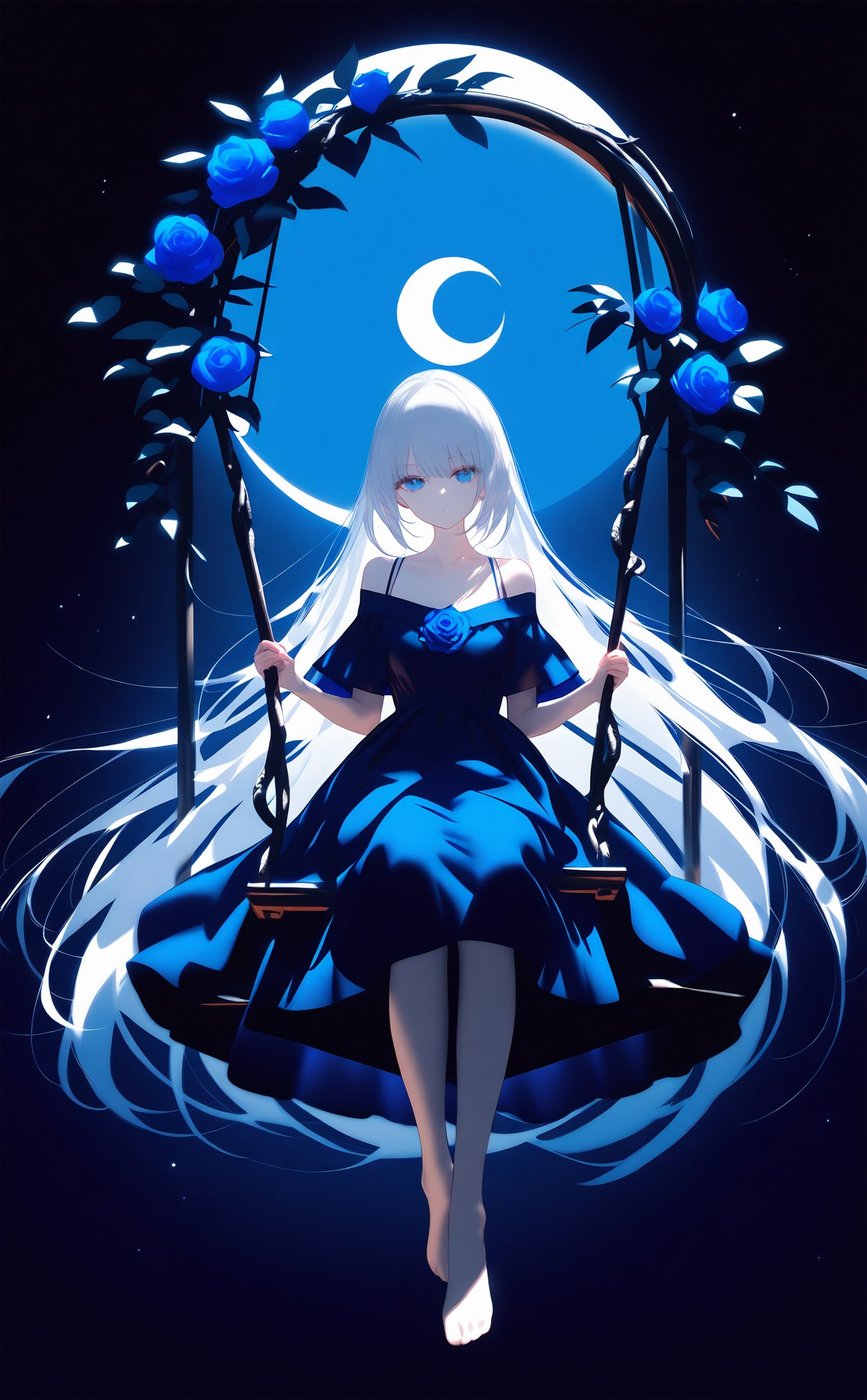 masterpiece,best quality,high quality,1girl,swing,dress,solo,flower,blue eyes,blue flower,long hair,blue dress,barefoot,sitting,white hair,looking at viewer,blue rose,blue theme,rose,swinging,moon,light particles,pale skin,blue background,vines,off shoulder,full body,expressionless,closed mouth,night,moonlight,collarbone,plant,crescent moon,very long hair,