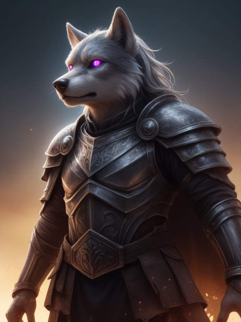 realistic, realism, real,very aesthetic, intricate details, extreme detail, abstract, surreal,dynamic lighting, ray tracing, extreme contrast,warrior, vagabond, cloak, damaged armor, dirty, embossed armor, iron armor,Jack Nguyen, elden ring,(Solo), male, anthro, (grey wolf), long hair, purple eyes, dark Grey hair, muscular, war-torn, scared, bloody, dirty fur,headshot, closes up, view from below, looking at viewer,Detailed face, Detailed eyes, detailed face, background: moonlight, stars, small moon, grim, no humans,