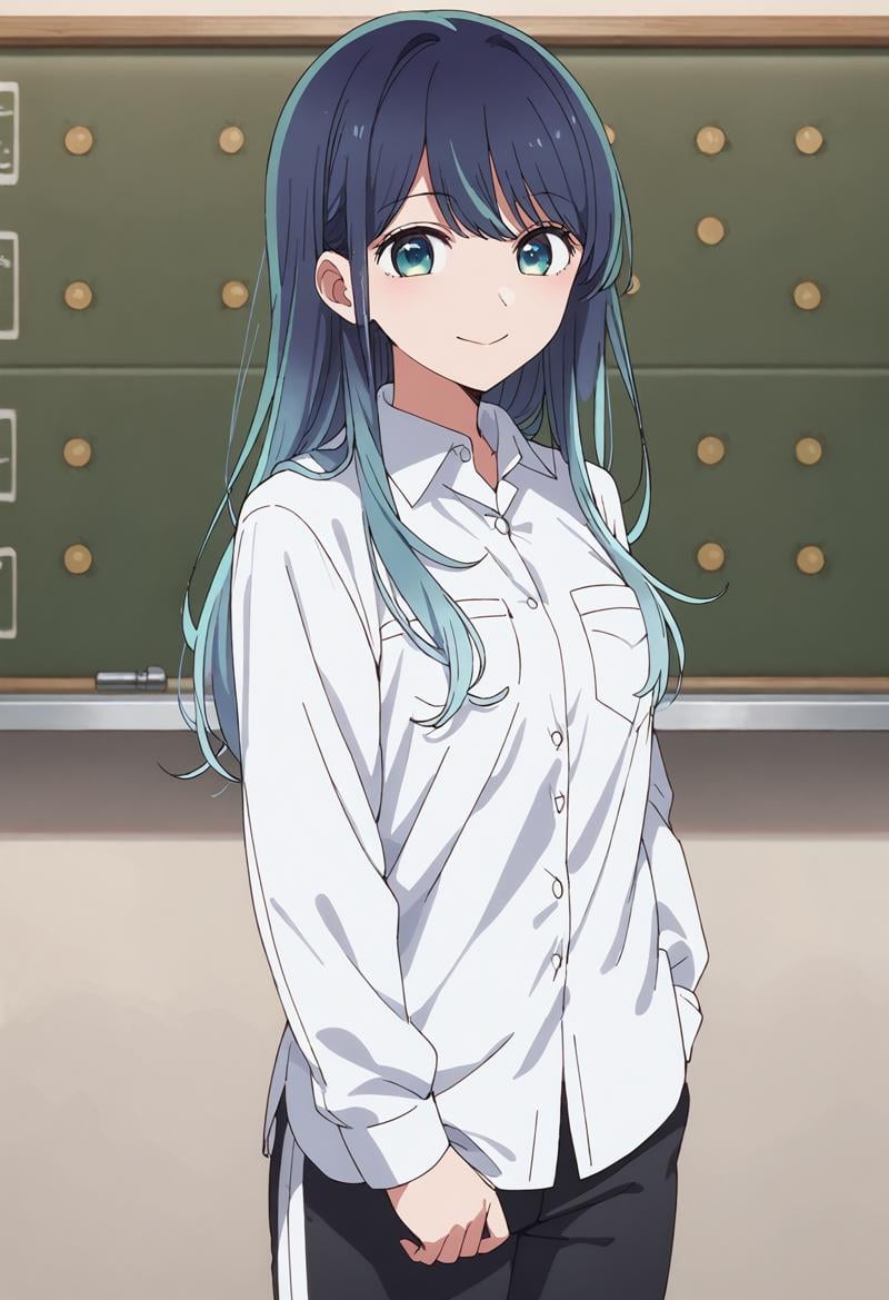 score_9, score_8_up, score_7_up, , score_ANIME,,kurokawaakane, solo, 1girl, long hair, chalkboard, pocket, blue hair, looking at viewer, white shirt, long sleeves, track pants, breast pocket, indoors, collared shirt, bangs, smile, closed mouth, standing, aqua eyes, cowboy shot,, gradient hair, black pants,   <lora:kurokawaakane_pony2:0.8>   cowboy shot,smile,