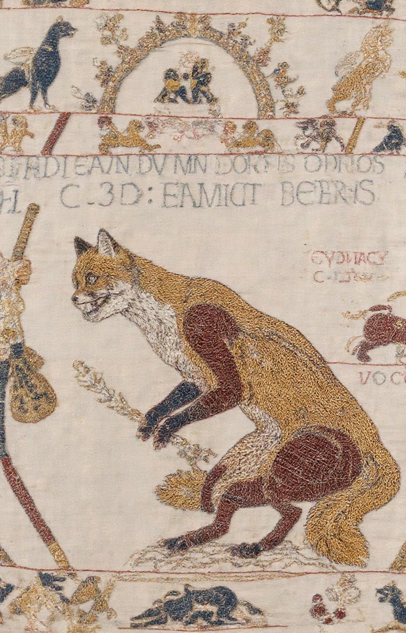 tapestry_style fox derpii normannorum ducem ,  embroidered and text,,  <lora:- Flux1 - stoned_fox_V1.0:.8>   <lora:norman_tapestry_style_1_1:1.1>