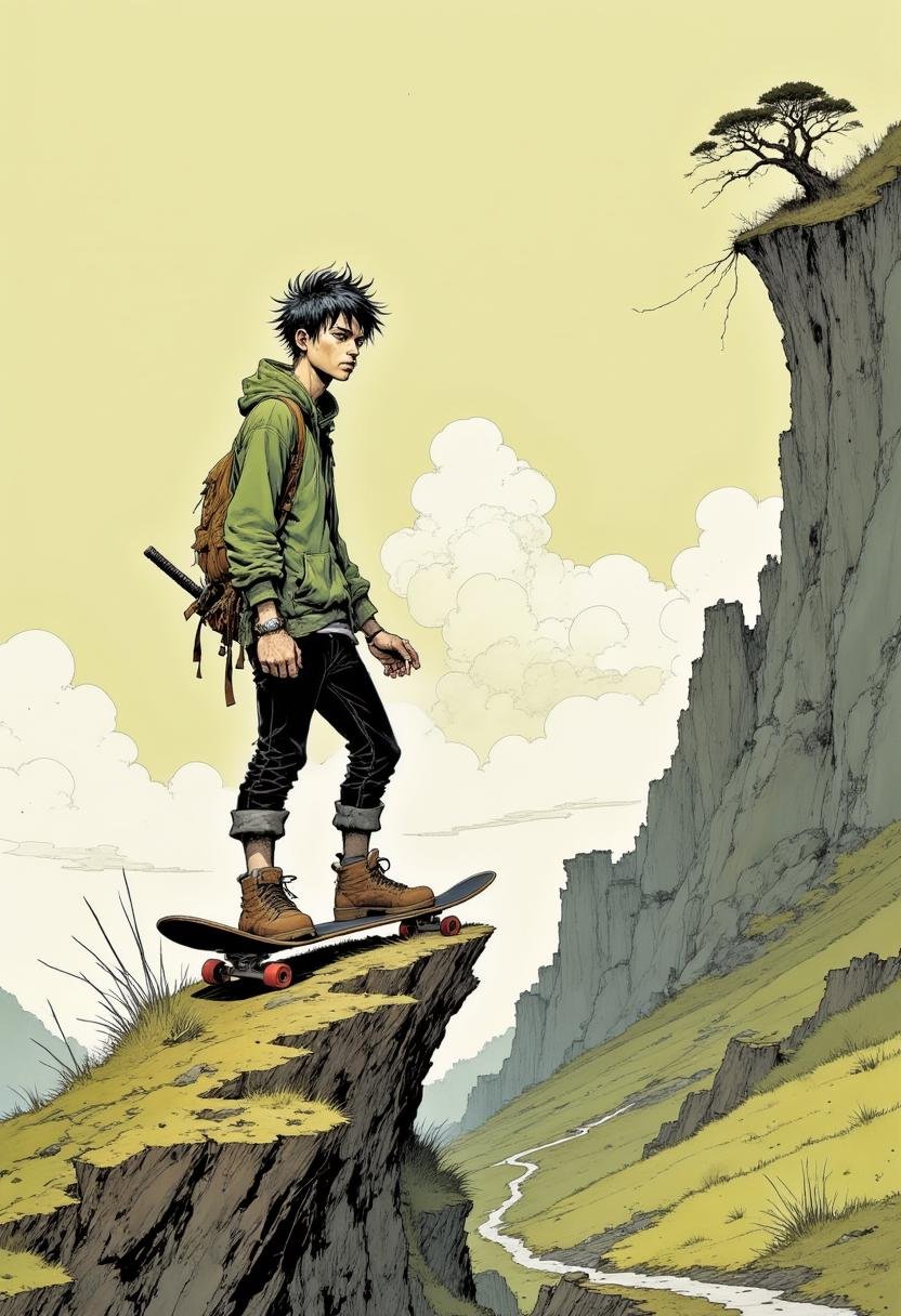 This image is a digital drawing in a detailed, comic book style. It depicts a young man standing on a skateboard on a rugged, mountainous terrain. The man has short, spiky black hair and a serious expression. He is dressed in a green, oversized hoodie, black pants, and brown, rugged boots. A large, brown backpack is slung over his shoulders, and he carries a long, sheathed sword on his right hip. The skateboard has a black deck with visible red wheels and is positioned on a narrow, rocky path that leads up a steep incline. The background features towering, jagged cliffs on the right side, with sparse vegetation and a lone tree precariously perched on the edge of one cliff. The sky is a muted, pale yellow with fluffy white clouds, suggesting a sunny day. The overall color palette is muted, with earthy tones dominating, creating a sense of rugged wilderness and adventure.  The drawing's lines are clean and precise, with a focus on the man's stance and the details of his clothing and gear. The scene is dynamic and intense, capturing a moment of determination and readiness for the challenges of the environment. Mangaka style. <lora:Mangaka_3012:1.0>