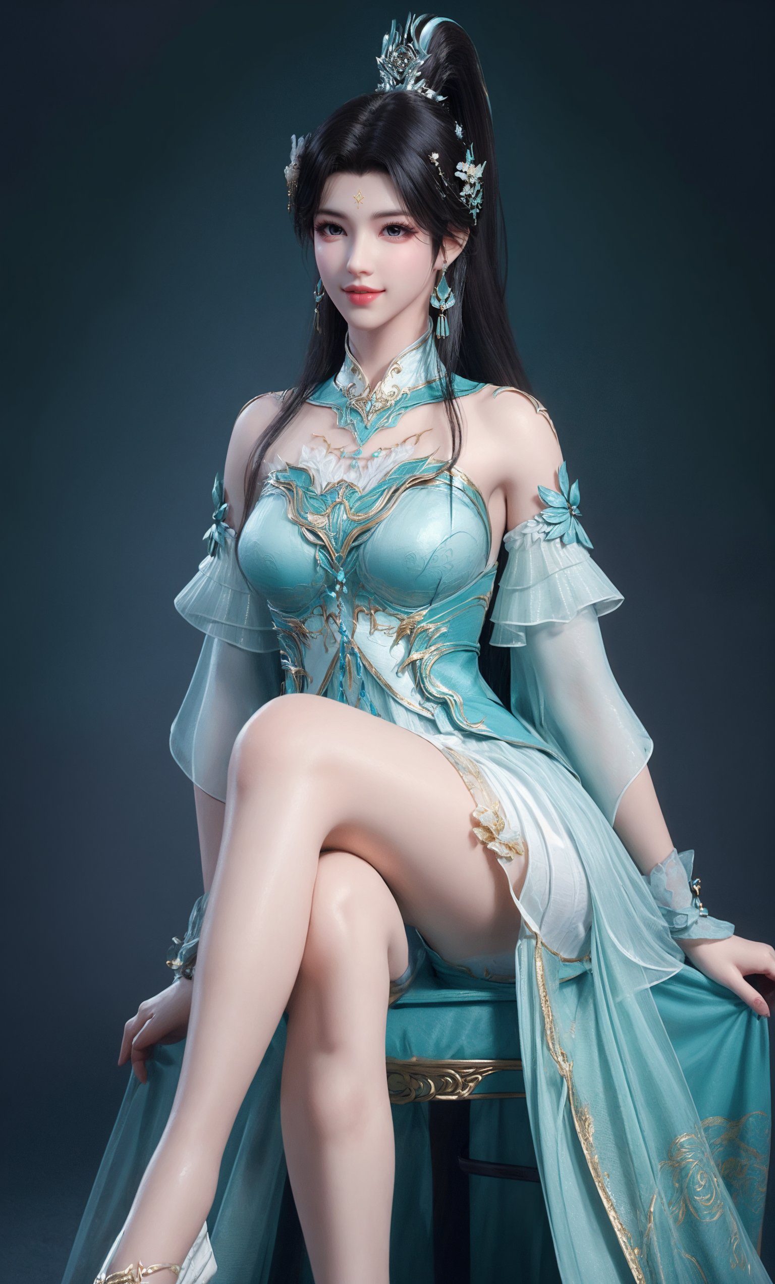 (Solid background:1.2),masterpiece,(best quality),official art,extremely detailed cg 8k wallpaper,(extremely delicate and beautiful),full body,crossed legs,solo,realistic,photo_\(medium\),chinese clothing,cyan skirt,cyan dress,earrings,jewelry,detached sleeves,earrings,bare shoulders,solo,),adfxx0.75NOST4,1girl,solo,long hair,ponytail,hair bun,black hair,hair ornament,smile,forehead mark,<lora:xuner_douzong-8:0.7>,adfxx,