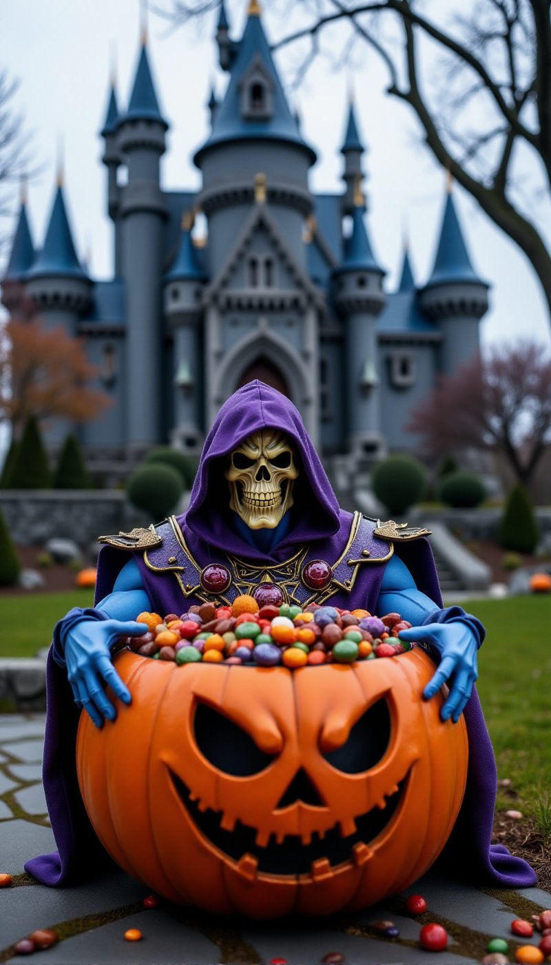 Skeletor, Skull face and blue skin is a halloween pumpkin basket filled with candy in front of greyskull castle. Halloween scenery <lora:Skeletor:0.9>