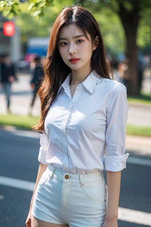 masterpiece, best quality, ultra-detailed, ultra high res, (photorealistic:1.4), raw photo, (realistic:0.2), 8k HDR, realistic cool temperature lighting, (asian:0.2), 1girl, solo, asymmetrical hair, outdoor, day, (simple background:1.2), bokeh, (detailed lips), (detailed pores), (detailed skin textures), (detailed face:1.2), (upper body:1.2), a woman in a white collared shirts, promotional image, a character portrait, (thigh gap:1.2), 