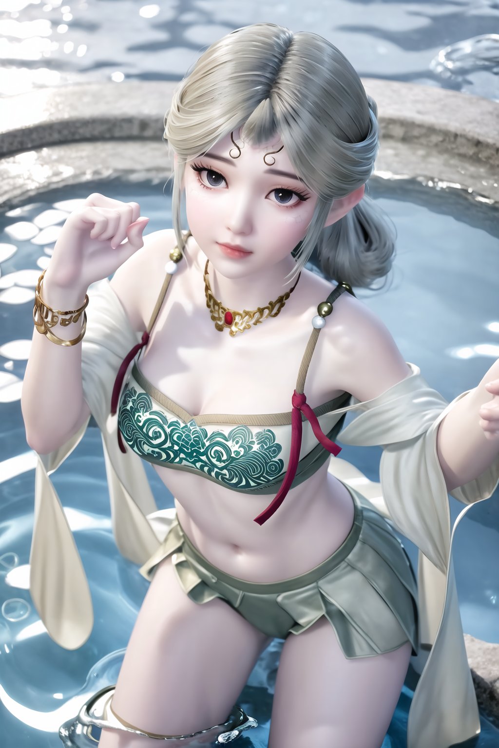 (8k, RAW photo, best quality, masterpiece:1.2),(realistic, photorealistic:1.3), ultra-detailed, extremely detailed cg 8k wallpaper,(crystalstexture skin:1.2), extremely delicate and beautiful,1girl, solo, magic, water, black_hair, glowing, simple_background,(full shot), (breasts, medium_breasts, cleavage:1.2), looking_at_viewer, standing, spread legs,