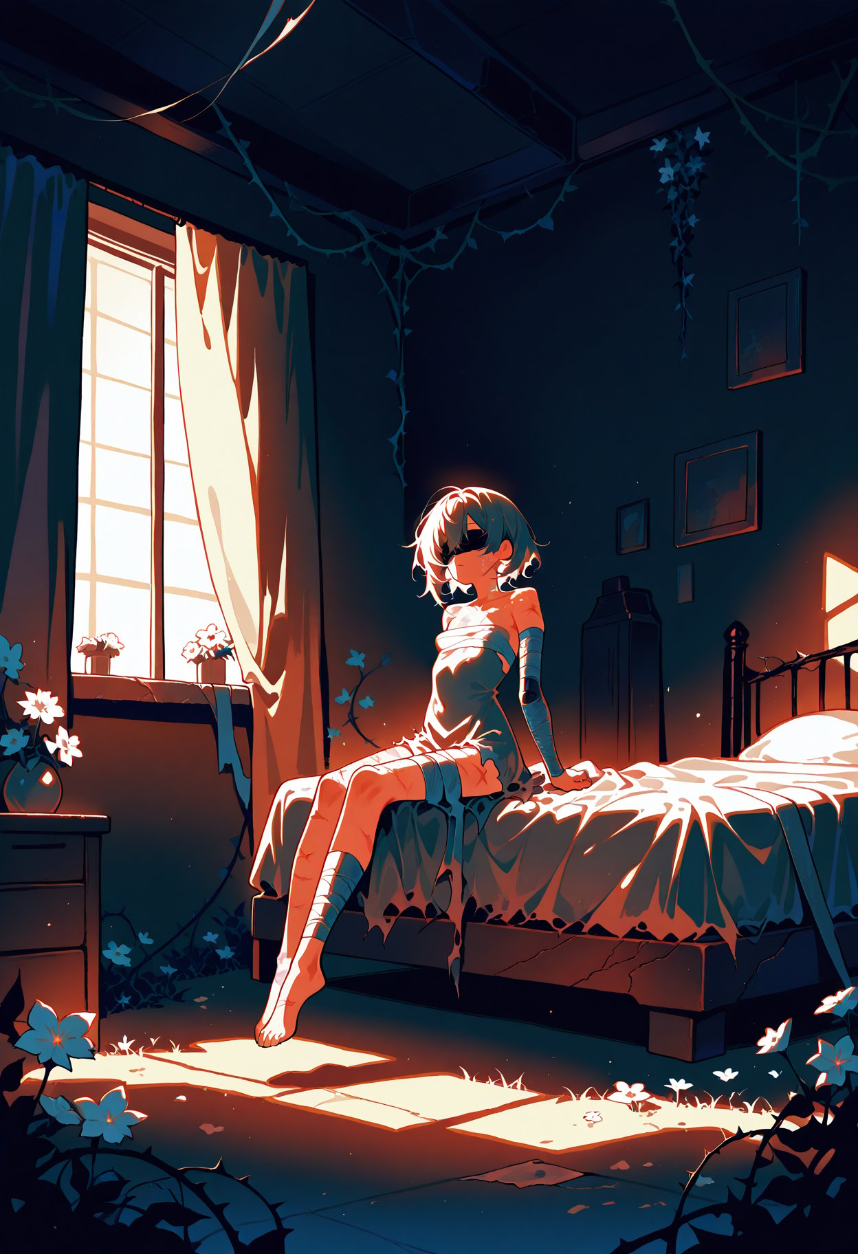 indoors, overgrowned, bedroom, flowers, white flowers, vines, 1girl, wide shot, blindfold, small breasts, bandage arms, bandage legs, torn dress, sitting on bed, scars on face, scars on legs, volumetric lighting, dark,