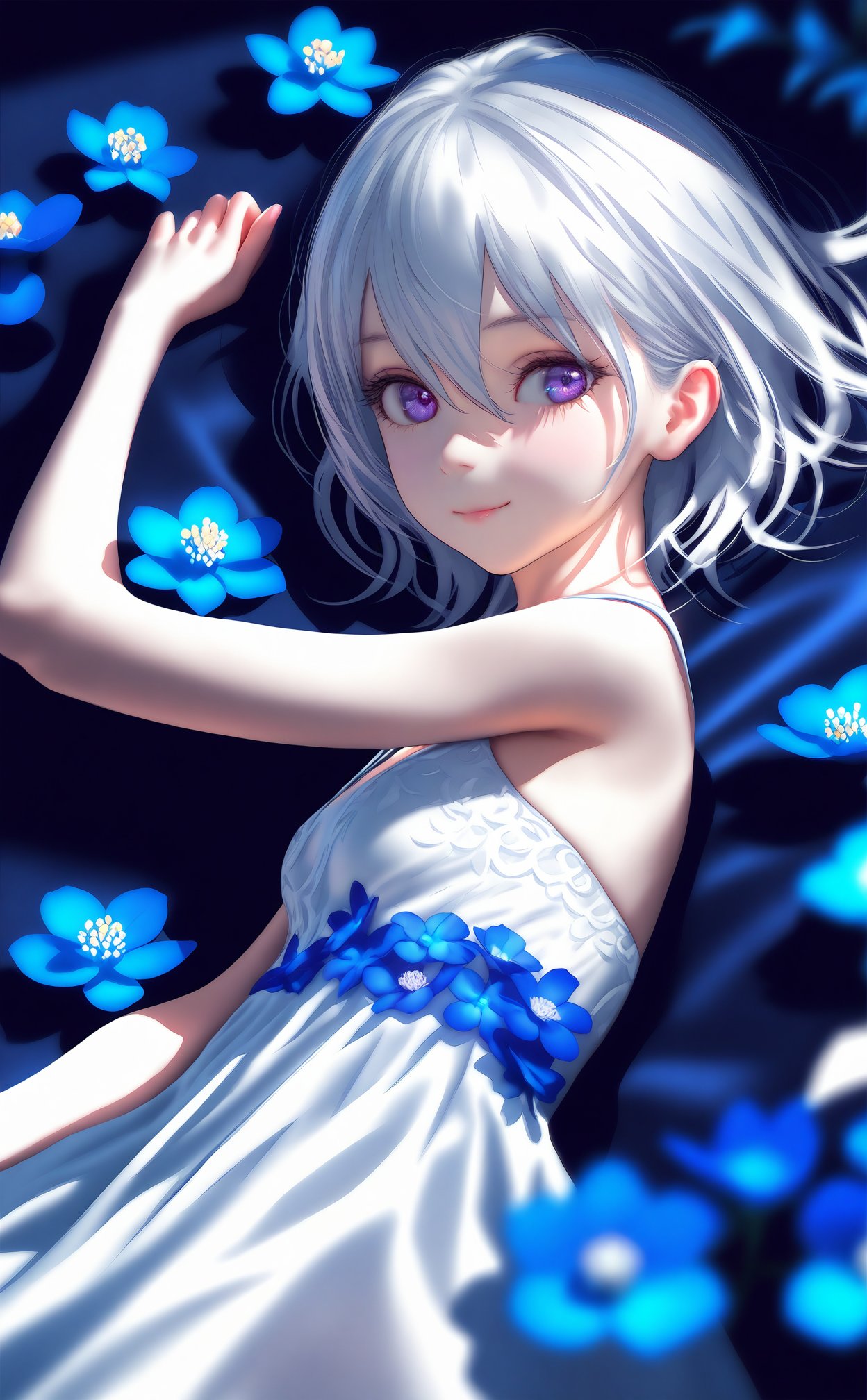 (masterpiece),(best quality),illustration,ultra detailed,hdr,Depth of field,(colorful),realistic,loli,1girl,solo,flower,dress,sleeveless,lying,white dress,looking at viewer,sleeveless dress,blue eyes,on back,closed mouth,bare shoulders,blue flower,hair between eyes,bare arms,smile,blue theme,white hair,short hair,hand up,medium hair,purple eyes,small breasts,from side,breasts,