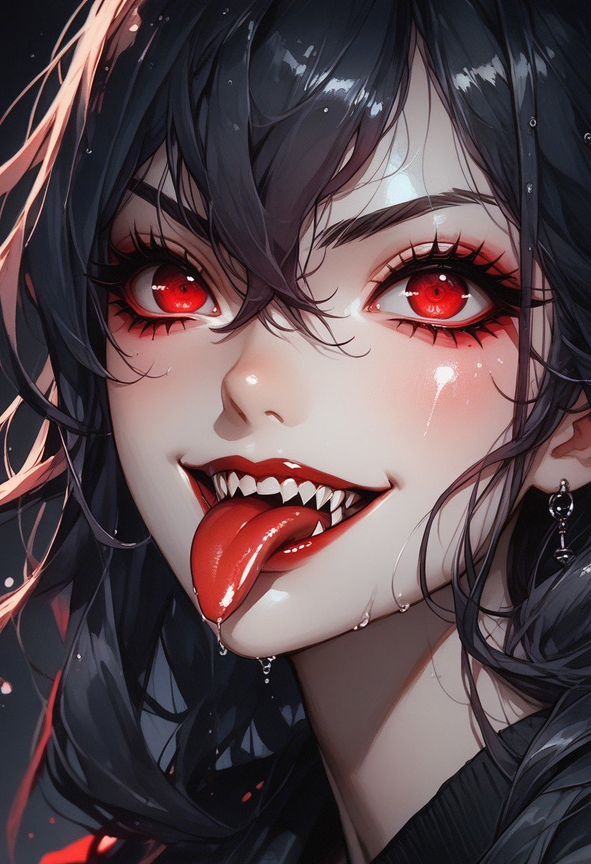 score_9, score_8_up, score_7_up, score_6_up,rating_questionable, watercolor painting ,super closeup of Demonic girl,evil smirk,slanted eyes, heavy black eye makeup, long sharp teeth, long wet tongue, dark background,red eyes,eyesHD