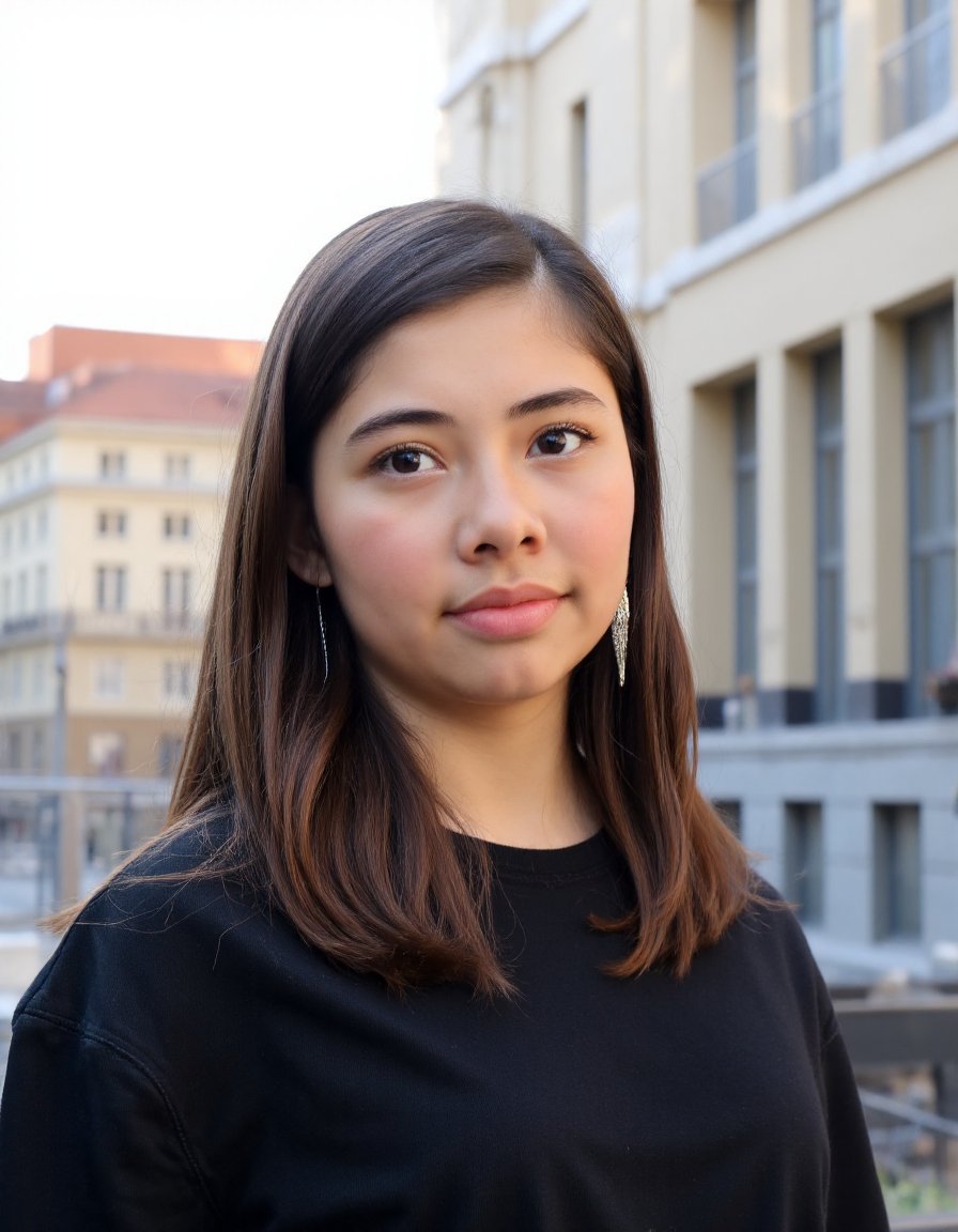 The image is a high-resolution photograph of a person with fair skin and a light complexion. The subject has shoulder-length, straight brown hair that is slightly tousled, framing their face. They are looking directly at the camera with a neutral expression. Their face is adorned with a light dusting of freckles across the cheeks and nose. They are wearing a simple, black, short-sleeved top. Hanging from their earlobe is a pair of long, silver, oval-shaped earrings that dangle slightly, adding a touch of elegance to their appearance.In the background, the setting appears to be an urban area, possibly a city square or plaza. The backdrop features several buildings with light-colored facades, including one with a reddish-brown roof, and another with a more muted beige color. The buildings have large windows, and there is a hint of a metal fence or railing in the distance, suggesting an open public space. The lighting in the image is natural, indicating it was taken during the day, possibly in the late afternoon or early evening, as the shadows are soft but noticeable. The overall atmosphere is calm and serene, with the subject standing out prominently against the slightly blurred background.,Xochitl Gomez,<lora:Xochitl_Gomez:1>