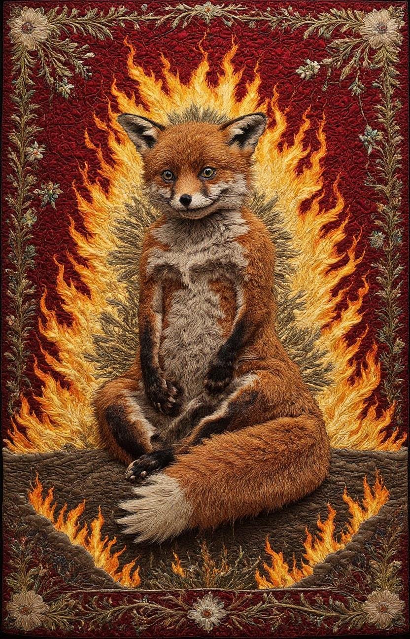 embroidered fox on fire,   <lora:- Flux1 - stoned_fox_V1.0:.7>   <lora:Embroidered_Quilting_Flux:1>